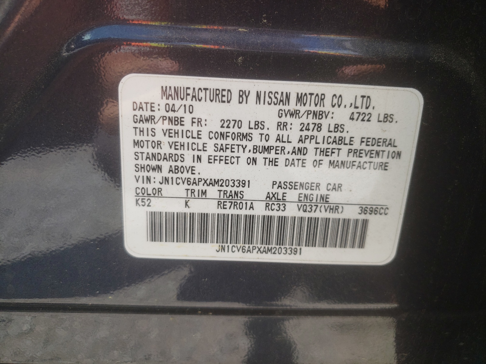 Photo 10 from auction – 2010 INFINITI G37 BASE with VIN JN1CV6APXAM203391
