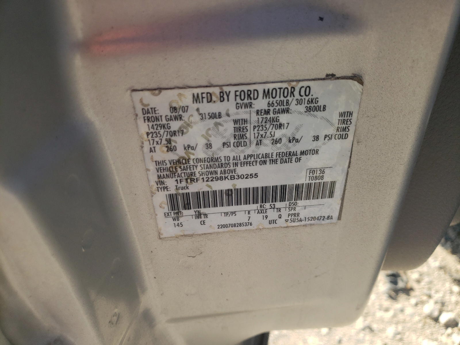 Photo 10 from auction – 2008 FORD F150 with VIN 1FTRF12298KB30255