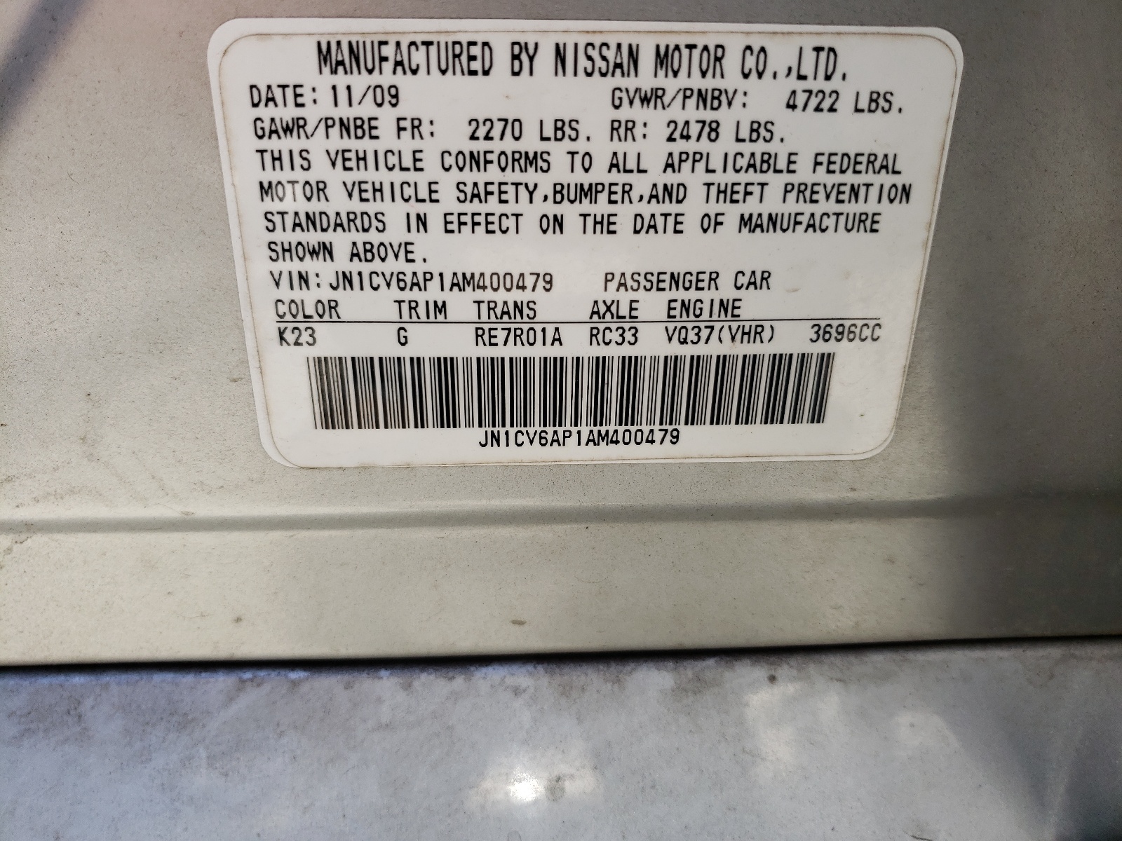 Photo 10 from auction – 2010 INFINITI G37 BASE with VIN JN1CV6AP1AM400479