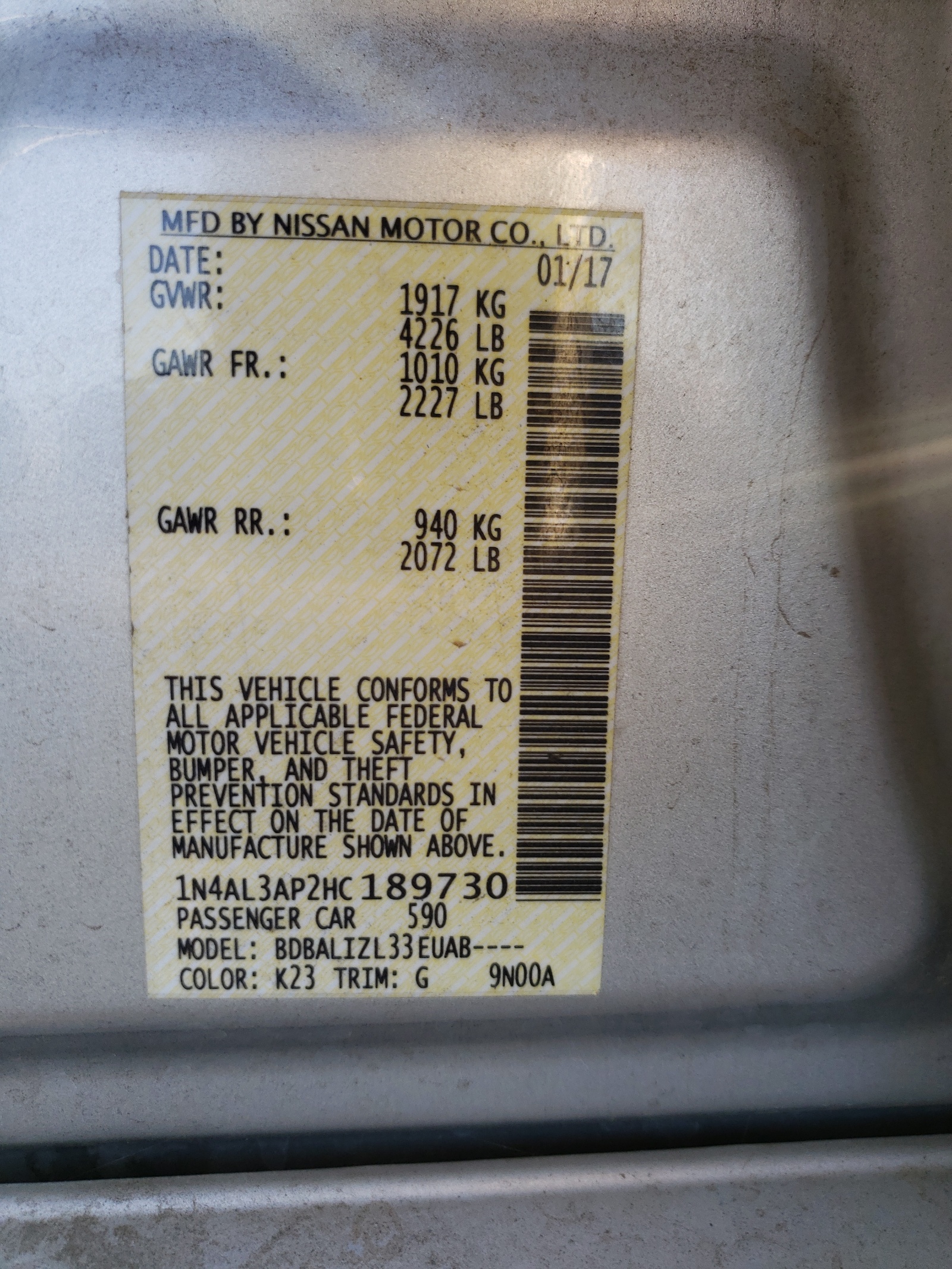Photo 10 from auction – 2017 NISSAN ALTIMA 2.5 with VIN 1N4AL3AP2HC189730