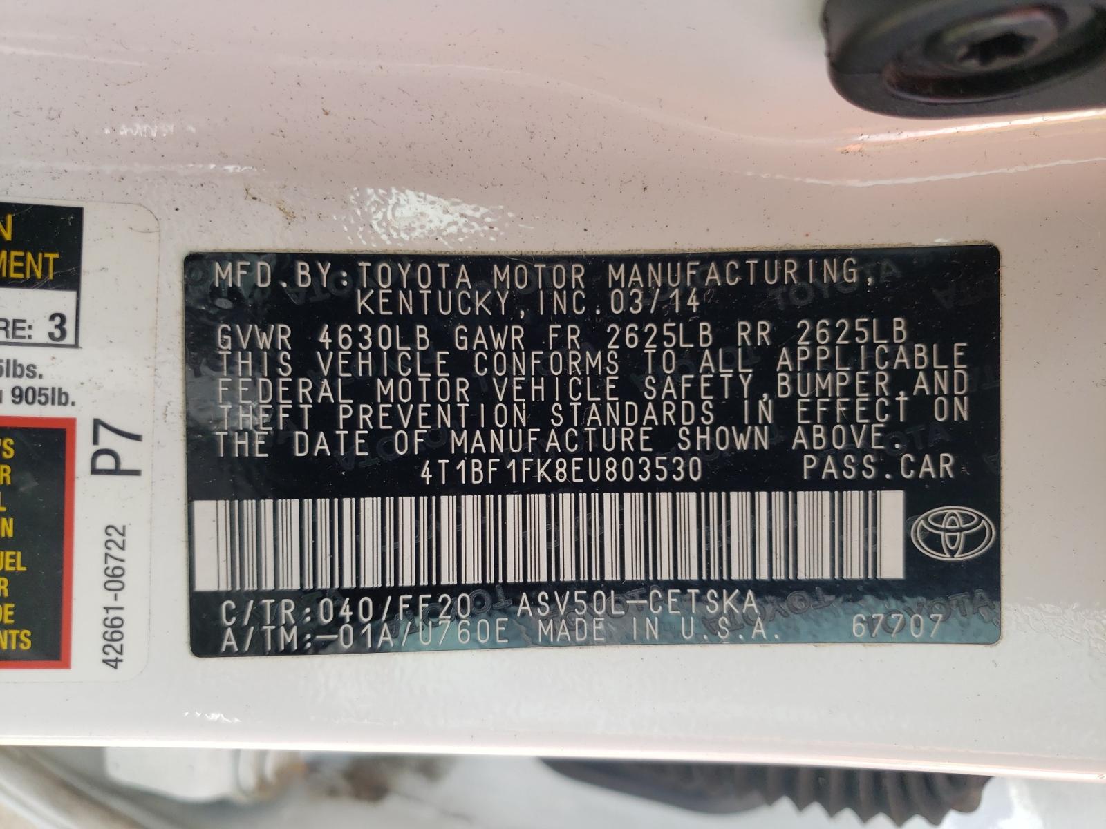 Photo 10 from auction – 2014 TOYOTA CAMRY L with VIN 4T1BF1FK8EU803530