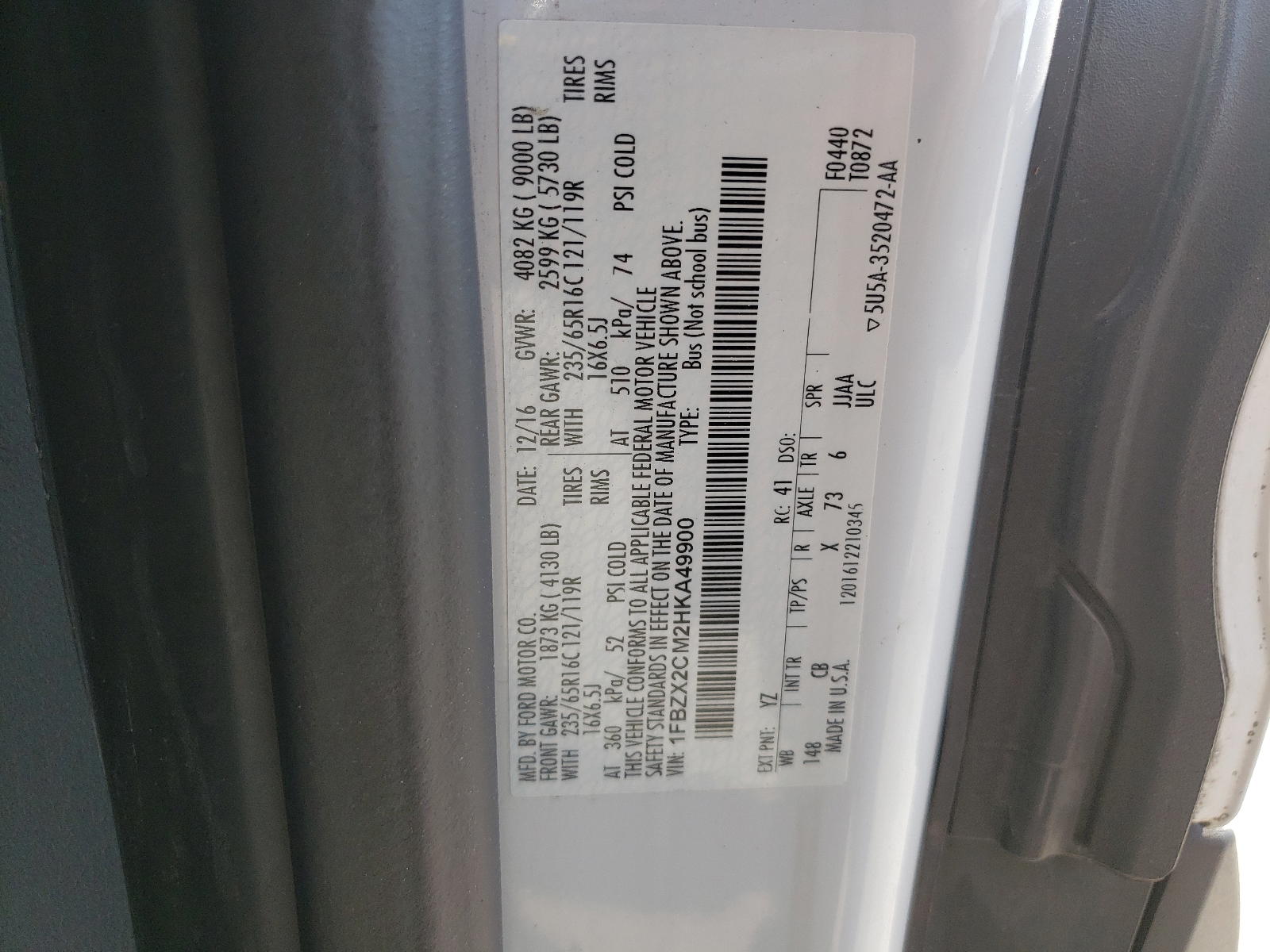 Photo 10 from auction – 2017 FORD TRANSIT T- with VIN 1FBZX2CM2HKA49900