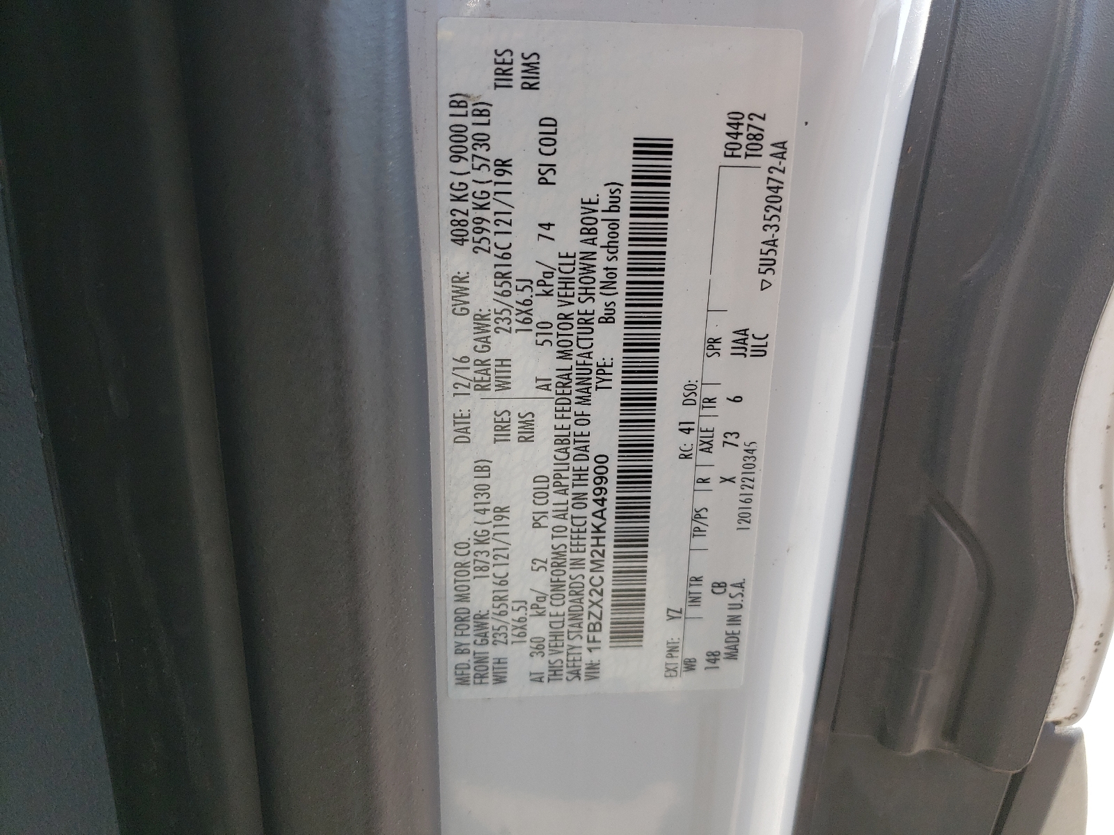 صورة رقم 10 من المزاد - 2017 FORD TRANSIT T- مع VIN 1FBZX2CM2HKA49900