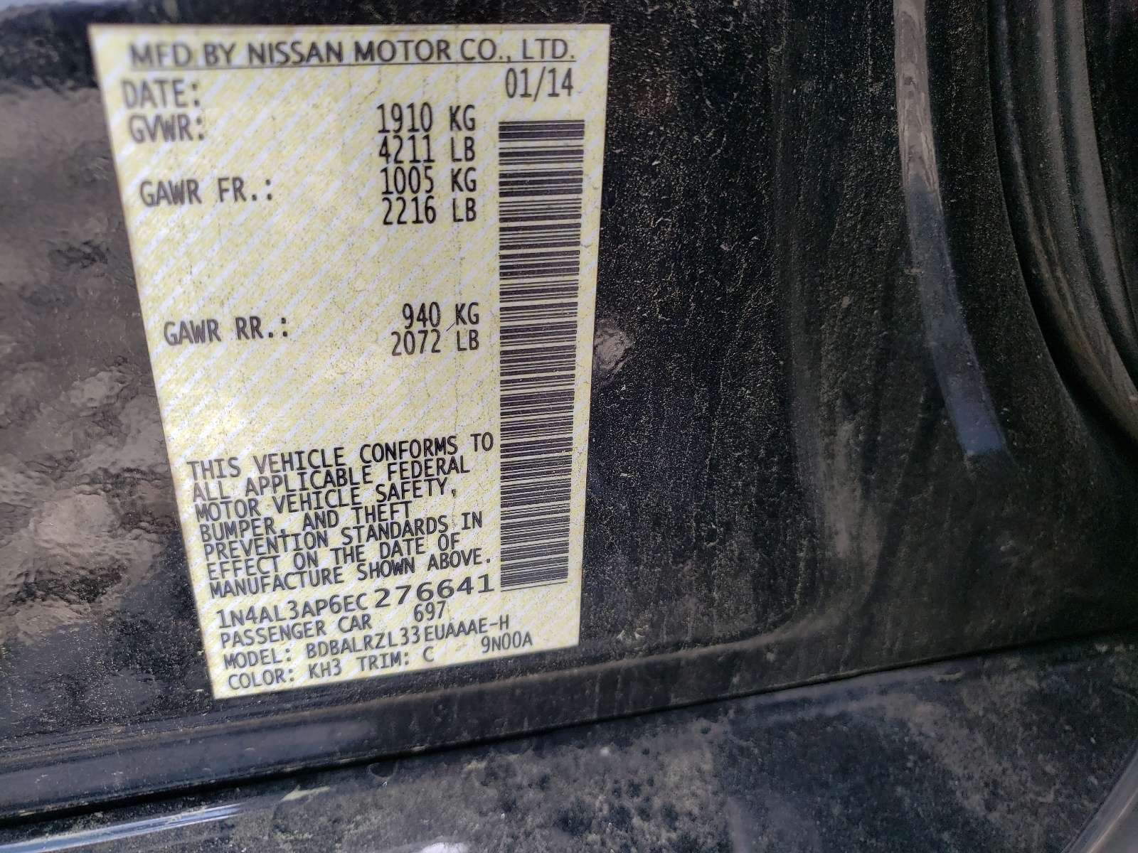 Photo 10 from auction – 2014 NISSAN ALTIMA 2.5 with VIN 1N4AL3AP6EC276641