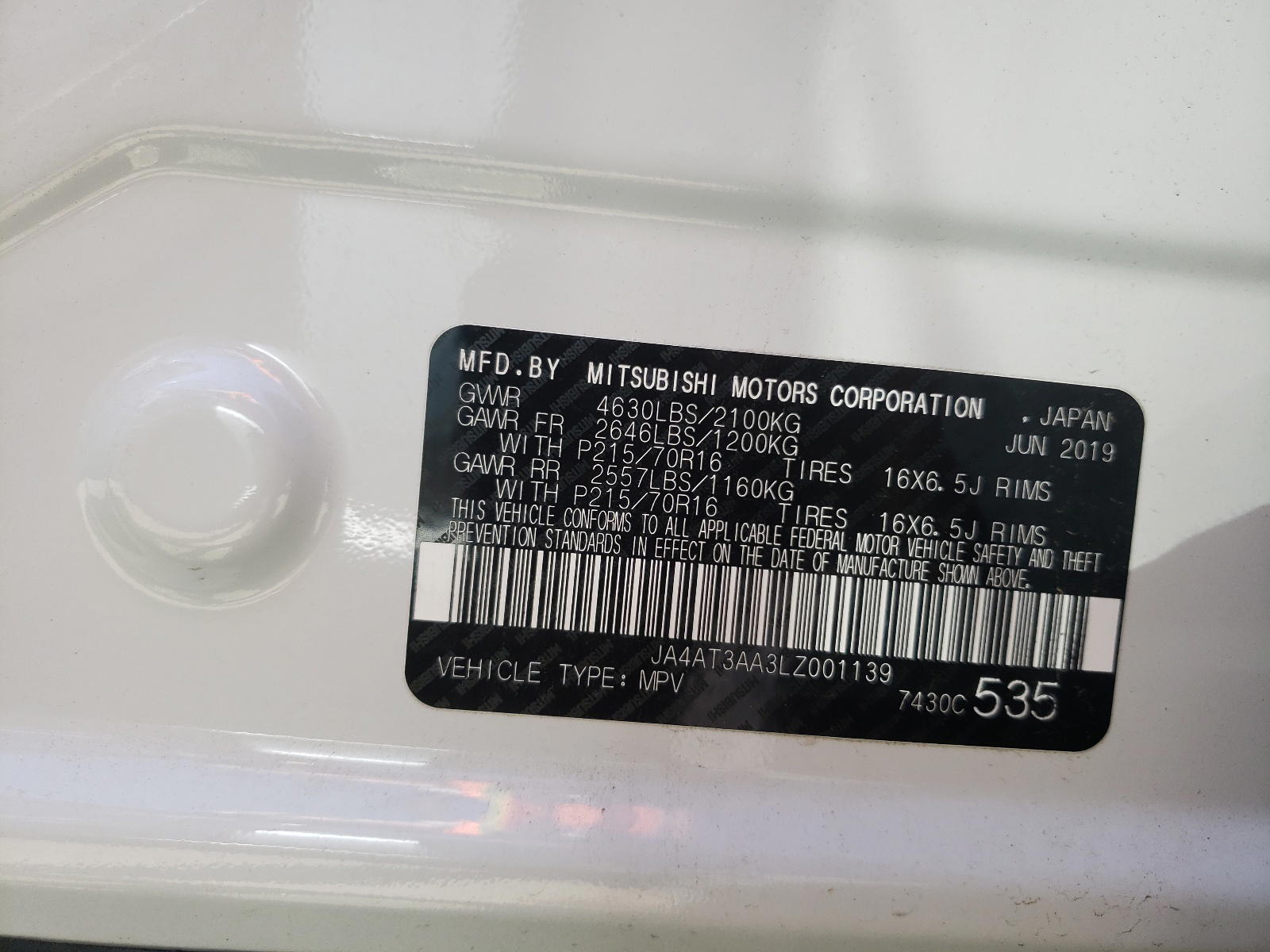 Photo 10 from auction – 2020 MITSUBISHI ECLIPSE CR with VIN JA4AT3AA3LZ001139