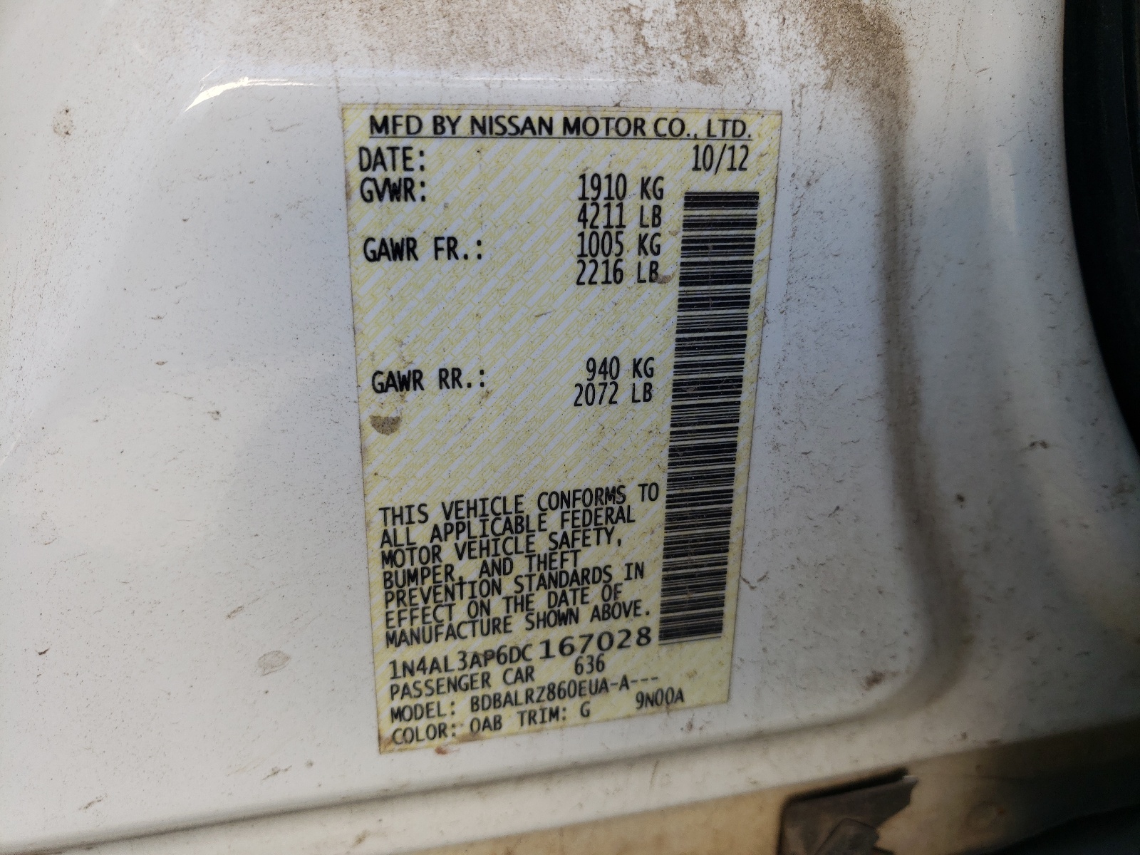 Photo 10 from auction – 2013 NISSAN ALTIMA 2.5 with VIN 1N4AL3AP6DC167028
