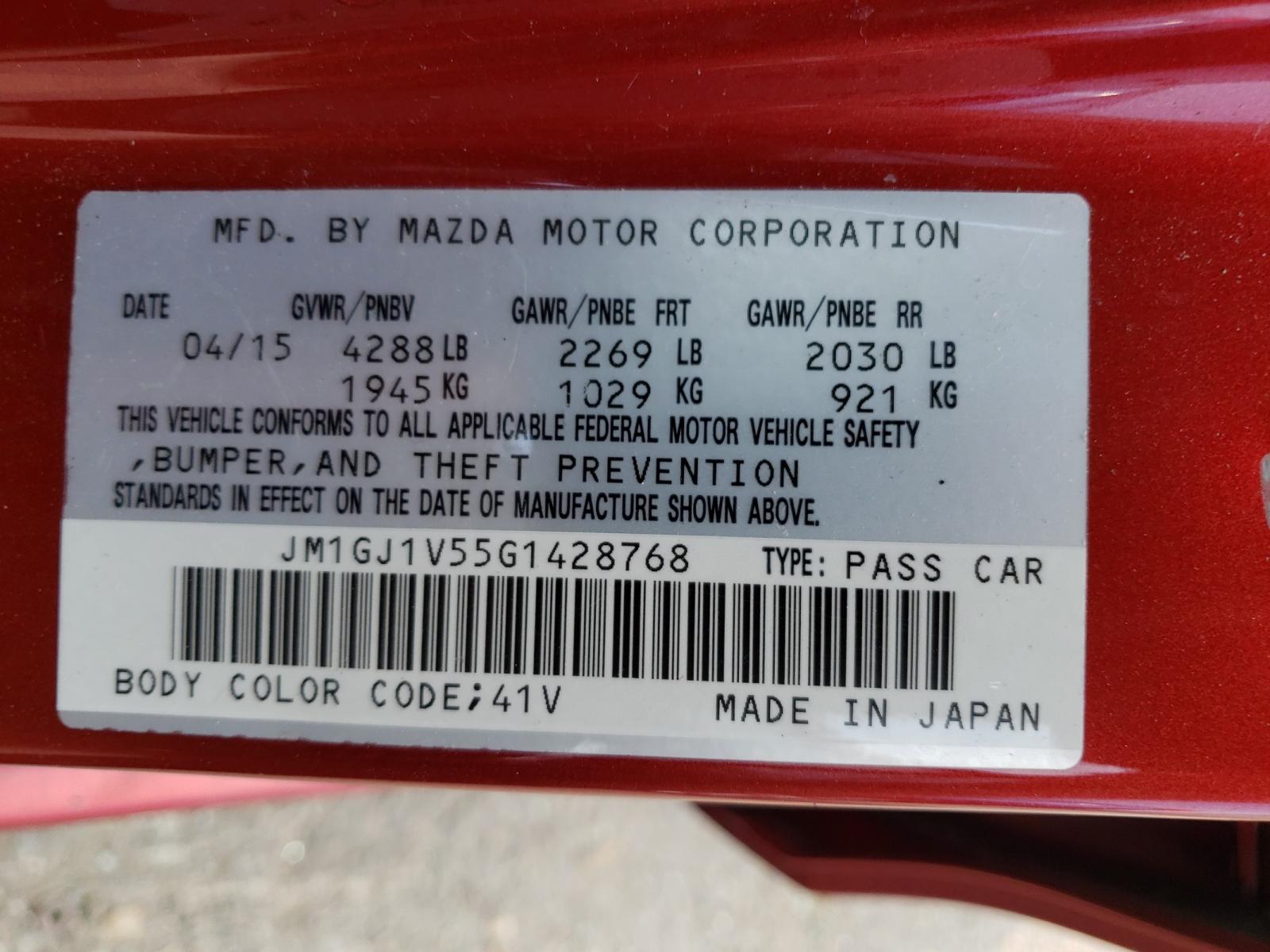 Photo 10 from auction – 2016 MAZDA 6 TOURING with VIN JM1GJ1V55G1428768