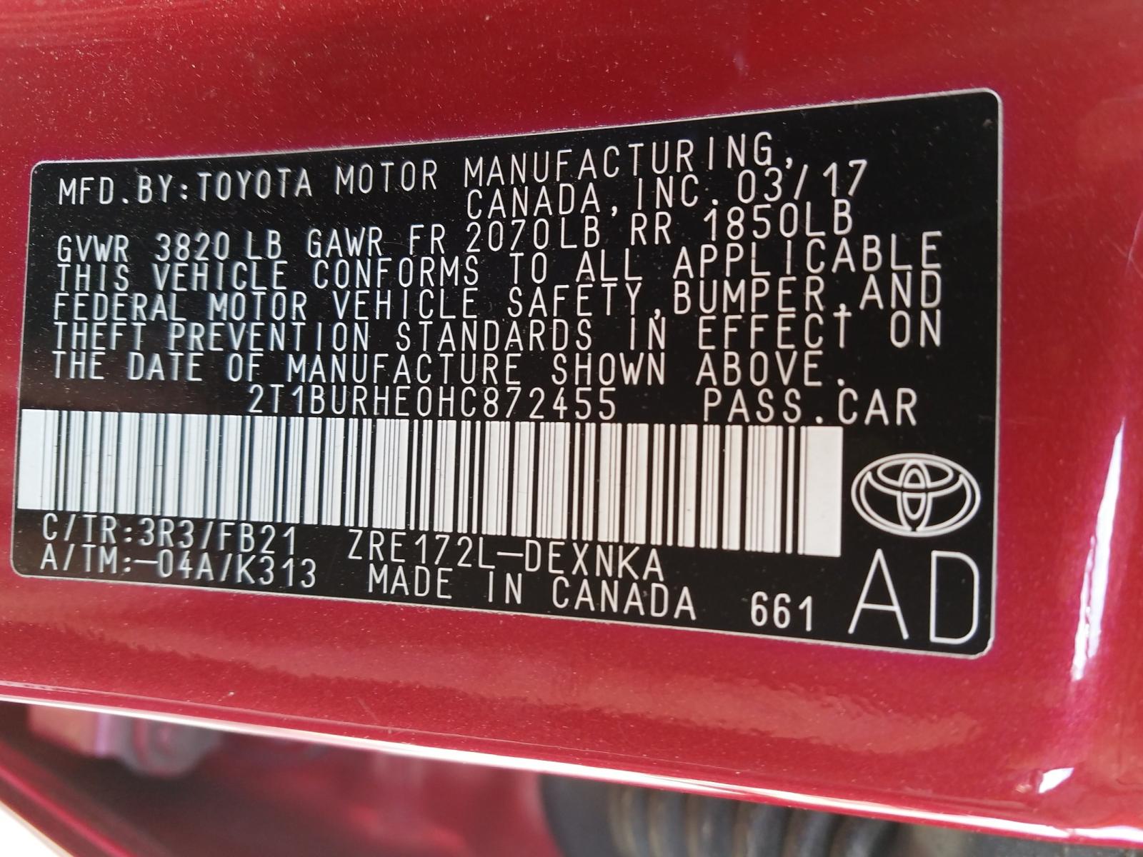 Photo 10 from auction – 2017 TOYOTA COROLLA L with VIN 2T1BURHE0HC872455