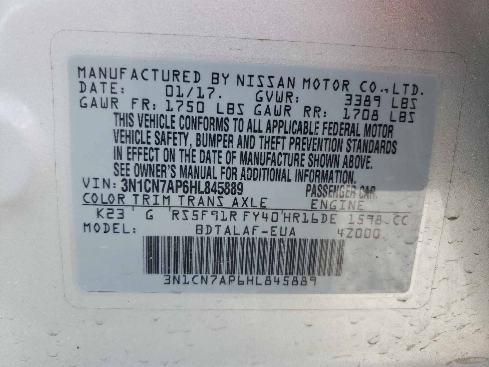 Photo 10 from auction – 2017 NISSAN VERSA S with VIN 3N1CN7AP6HL845889