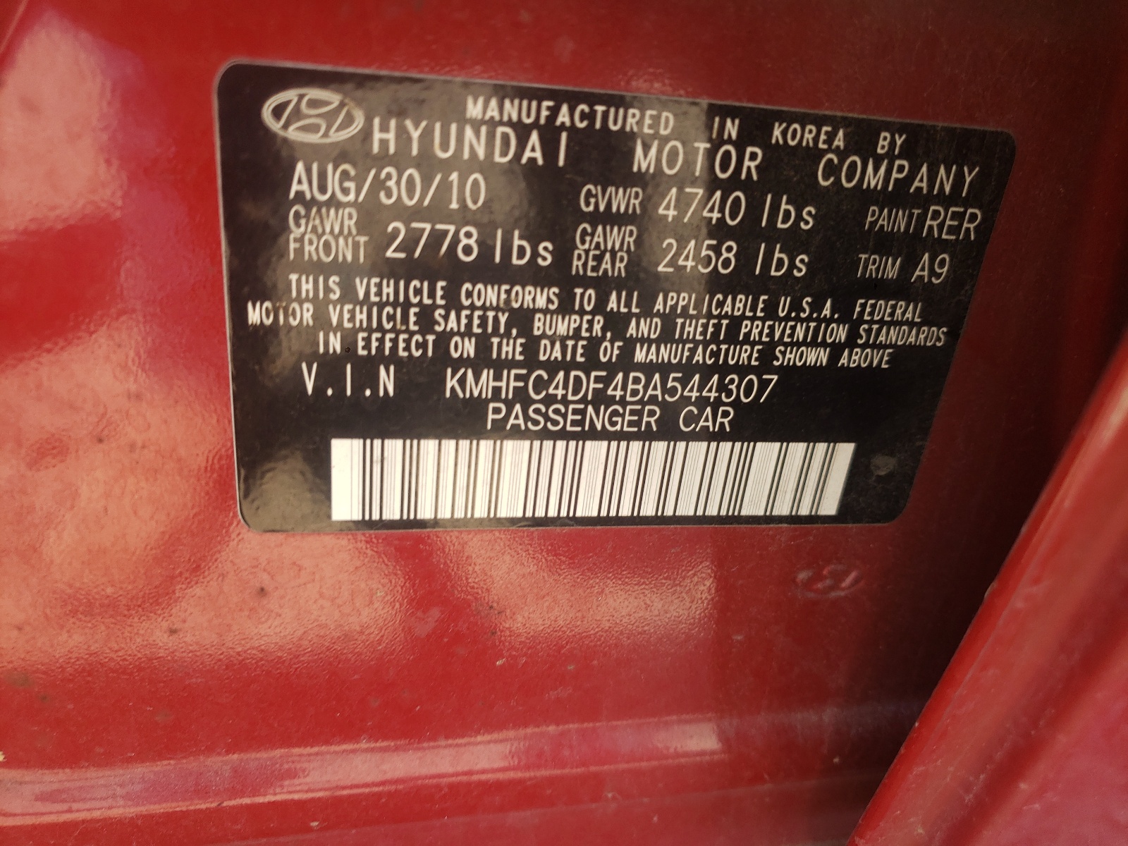 Photo 10 from auction – 2011 HYUNDAI AZERA GLS with VIN KMHFC4DF4BA544307