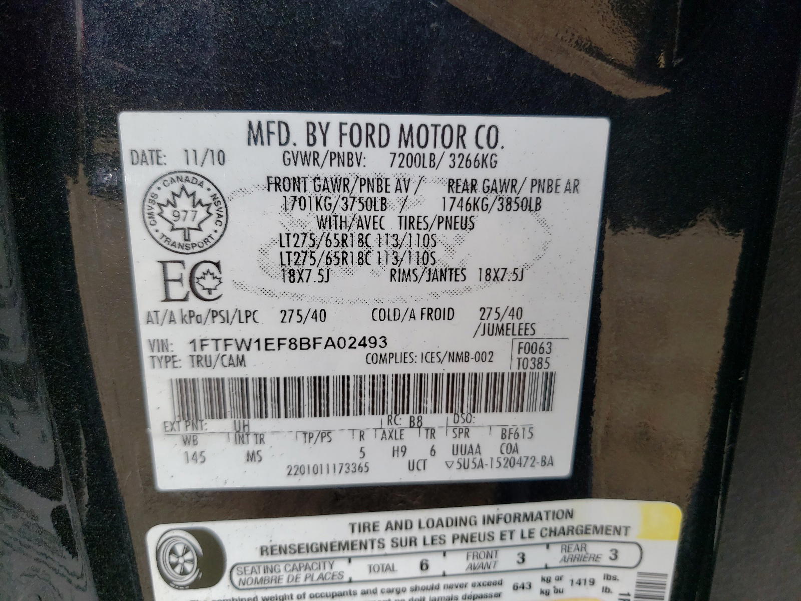 Photo 10 from auction – 2011 FORD F150 SUPER with VIN 1FTFW1EF8BFA02493