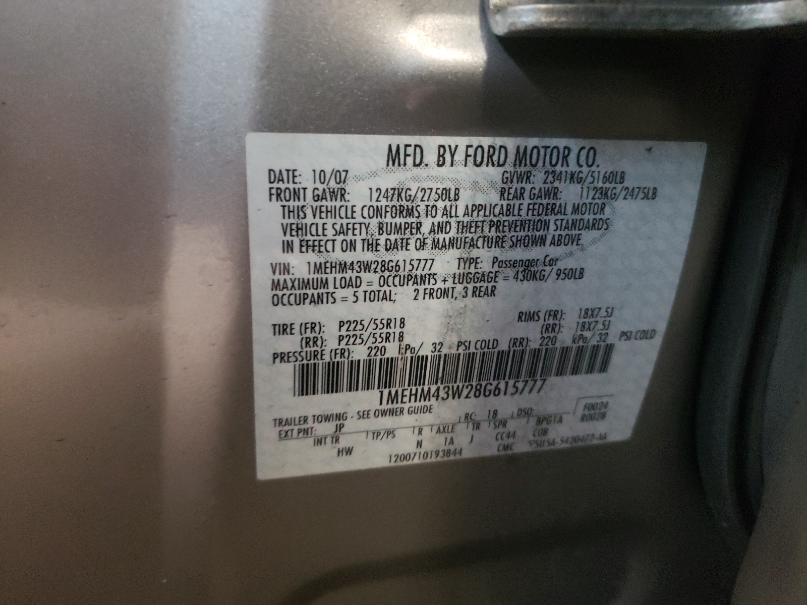 Photo 10 from auction – 2008 MERCURY SABLE PREM with VIN 1MEHM43W28G615777
