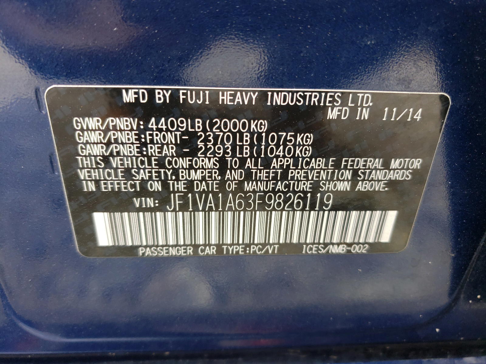 Photo 10 from auction – 2015 SUBARU WRX with VIN JF1VA1A63F9826119