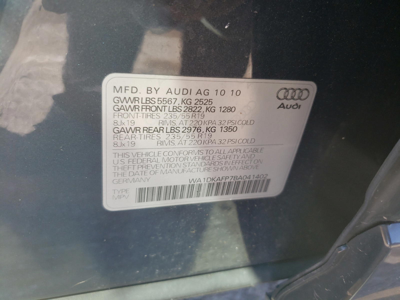 Photo 10 from auction – 2011 AUDI Q5 PREMIUM with VIN WA1DKAFP7BA041402