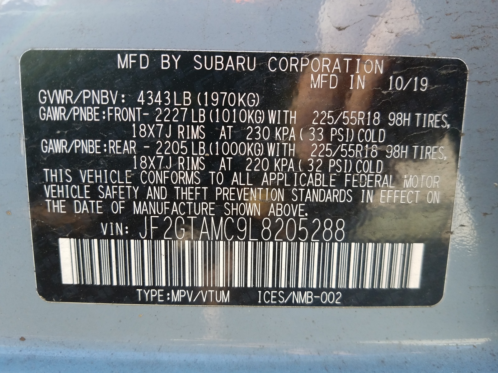 Photo 10 from auction – 2020 SUBARU CROSSTREK with VIN JF2GTAMC9L8205288