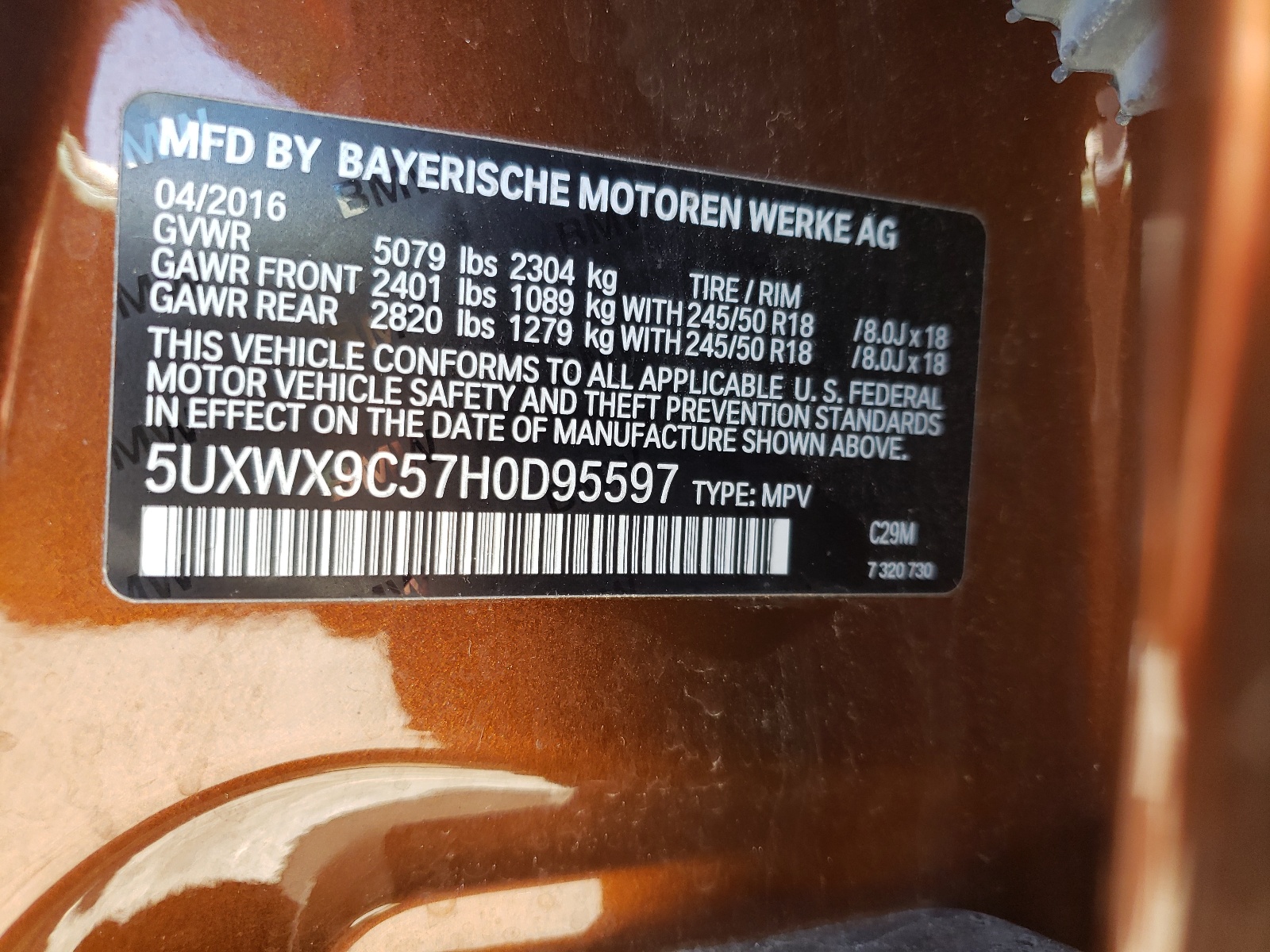Photo 10 from auction – 2017 BMW X3 XDRIVE2 with VIN 5UXWX9C57H0D95597