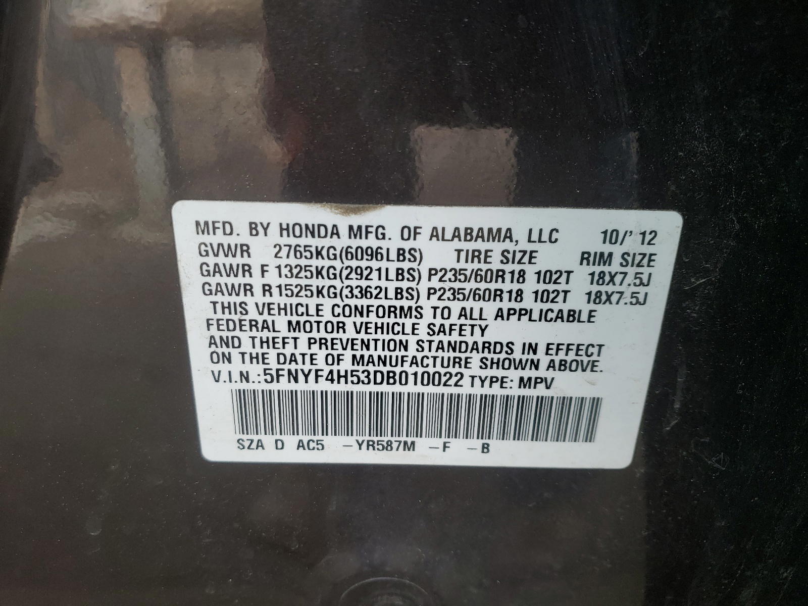 Photo 10 from auction – 2013 HONDA PILOT EXL with VIN 5FNYF4H53DB010022