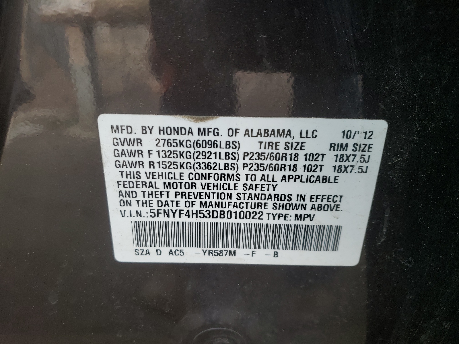 Фото 10 с аукциона – 2013 HONDA PILOT EXL с VIN 5FNYF4H53DB010022