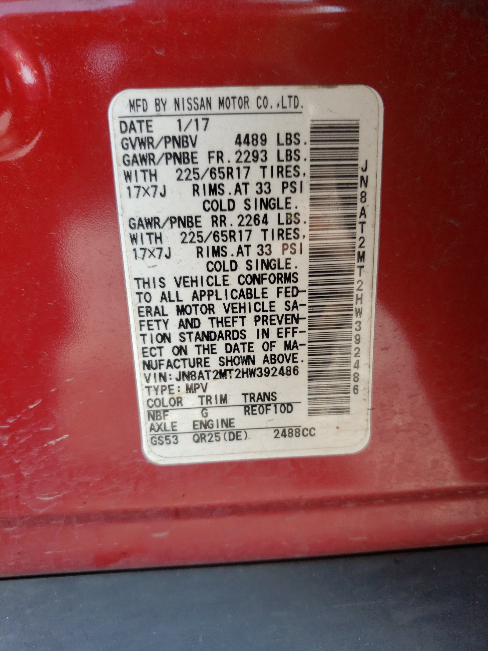 Photo 10 from auction – 2017 NISSAN ROGUE S with VIN JN8AT2MT2HW392486