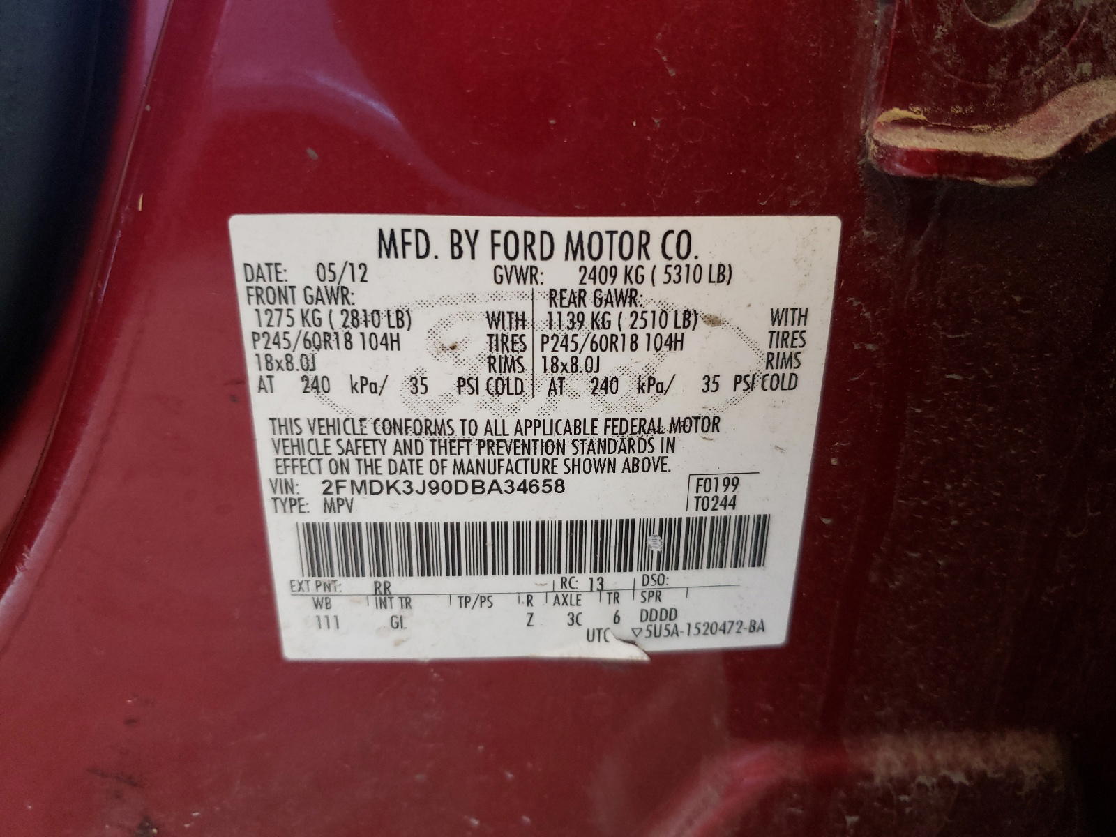 Photo 10 from auction – 2013 FORD EDGE SEL with VIN 2FMDK3J90DBA34658