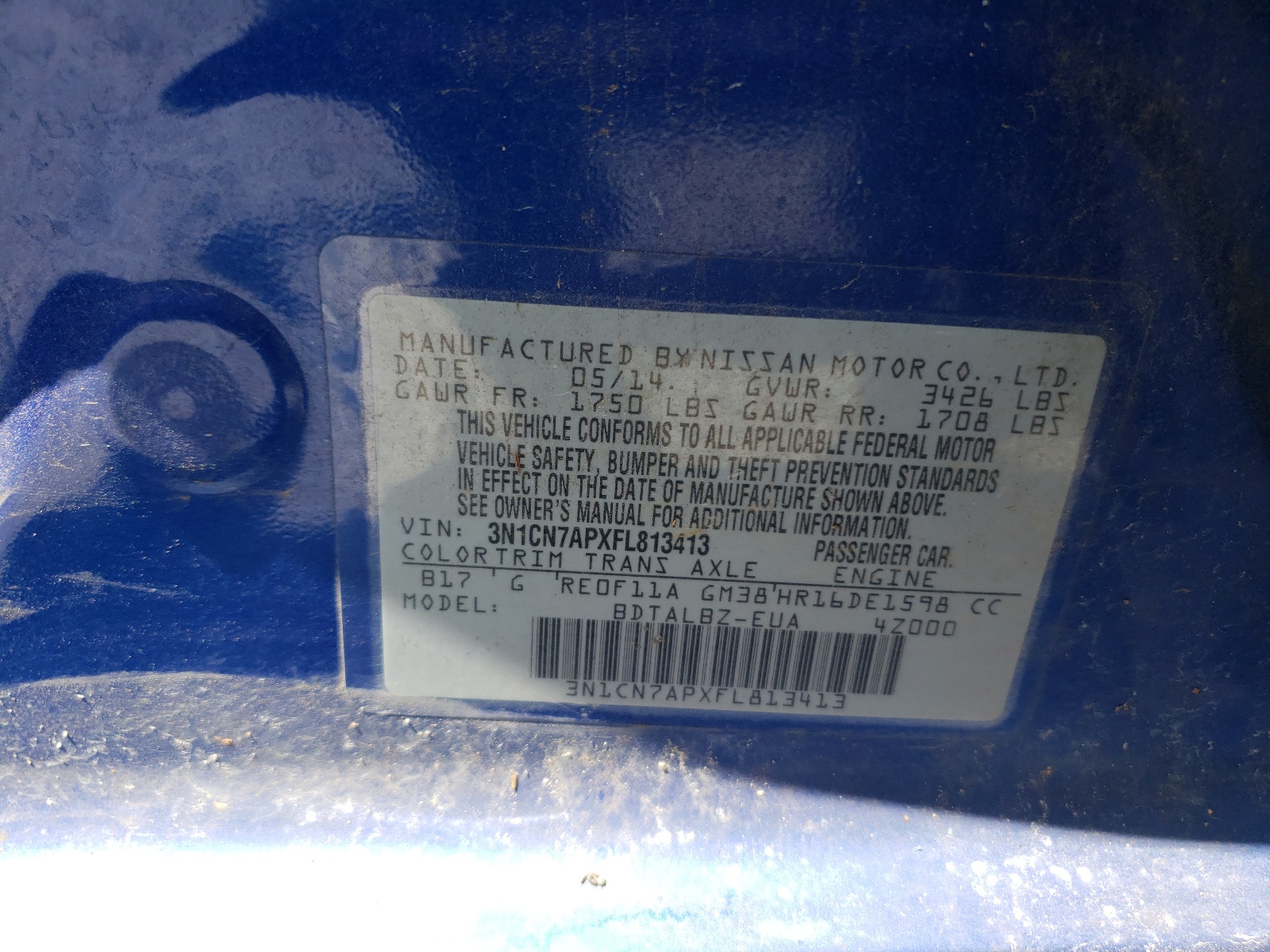 Photo 10 from auction – 2015 NISSAN VERSA S with VIN 3N1CN7APXFL813413