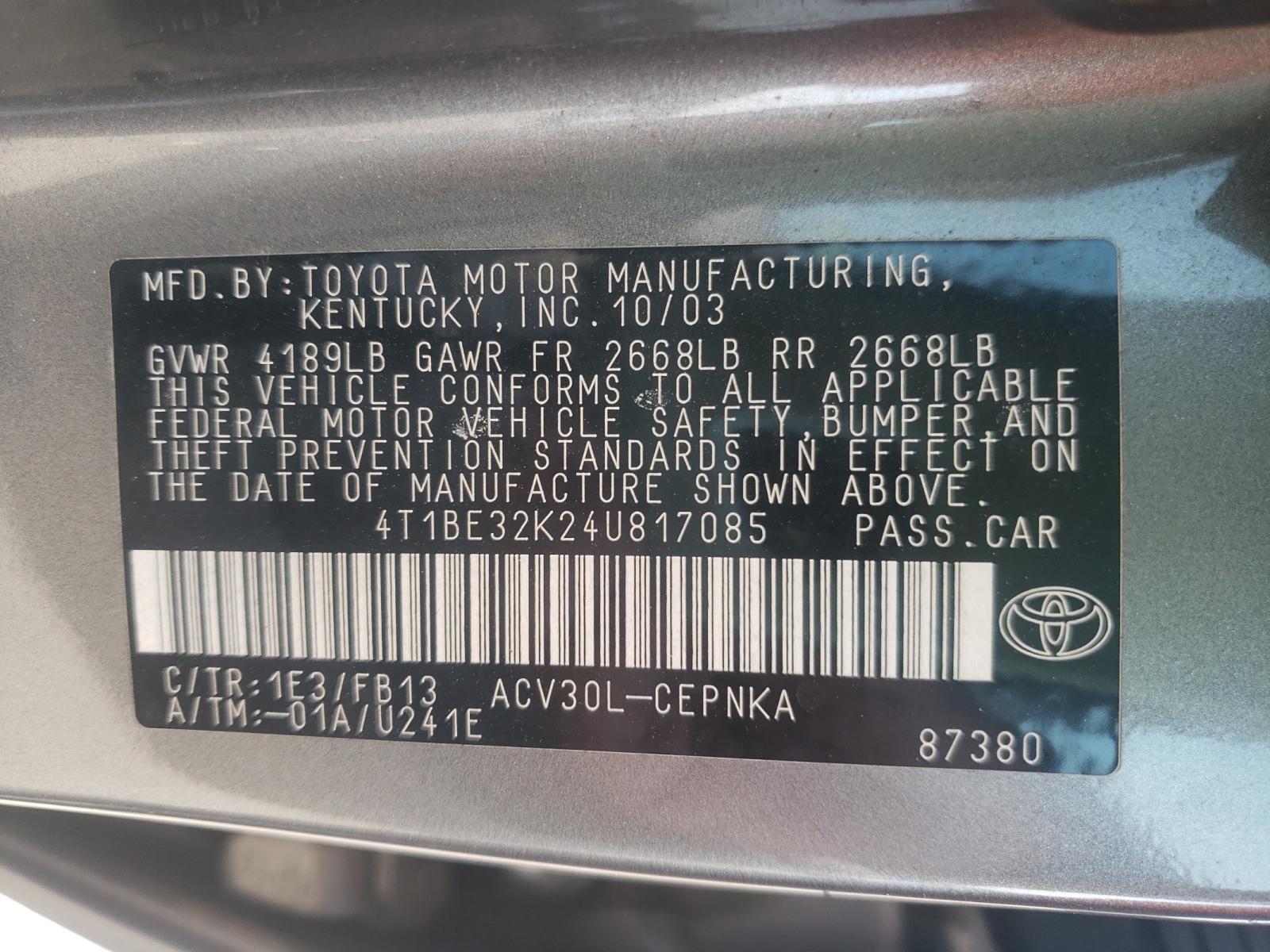 Photo 10 from auction – 2004 TOYOTA CAMRY LE with VIN 4T1BE32K24U817085