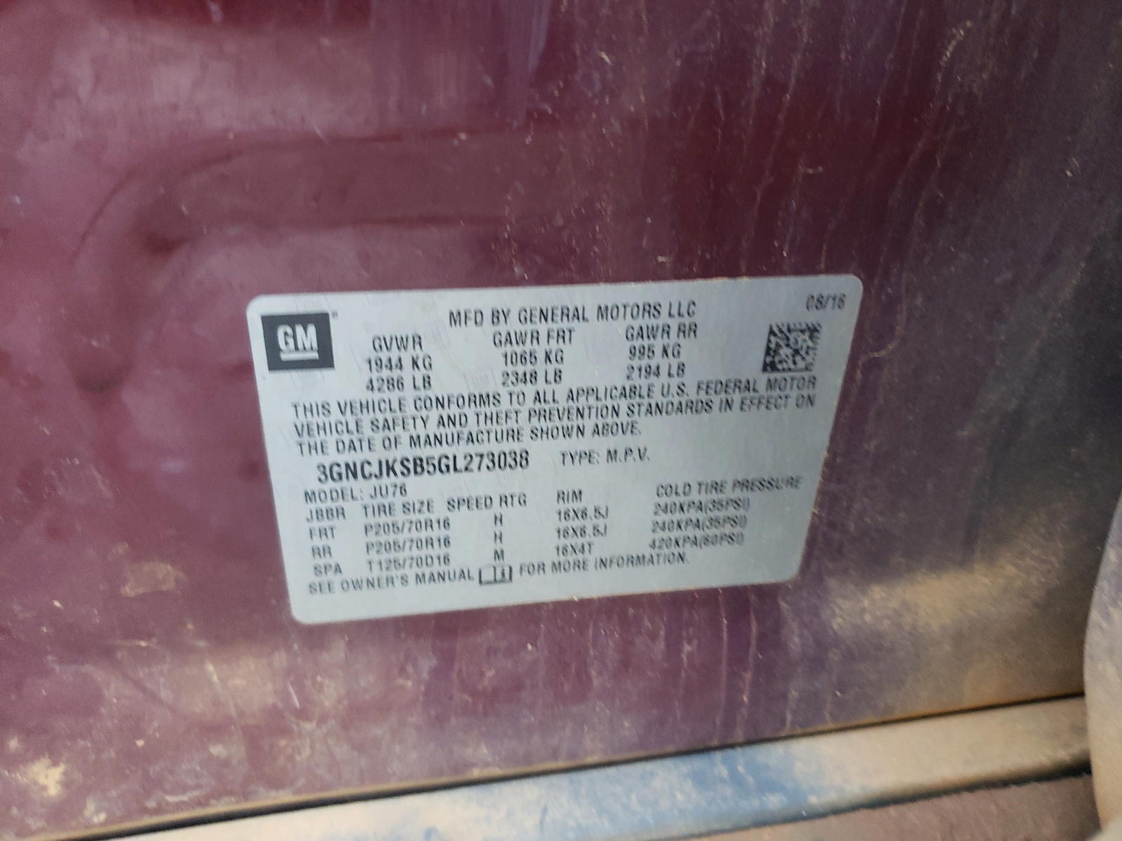Photo 10 from auction – 2016 CHEVROLET TRAX LS with VIN 3GNCJKSB5GL273038