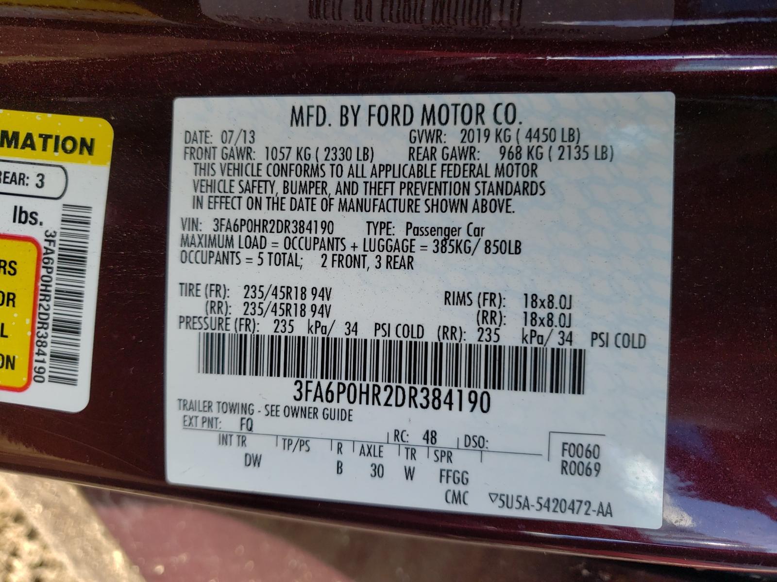 Photo 10 from auction – 2013 FORD FUSION SE with VIN 3FA6P0HR2DR384190
