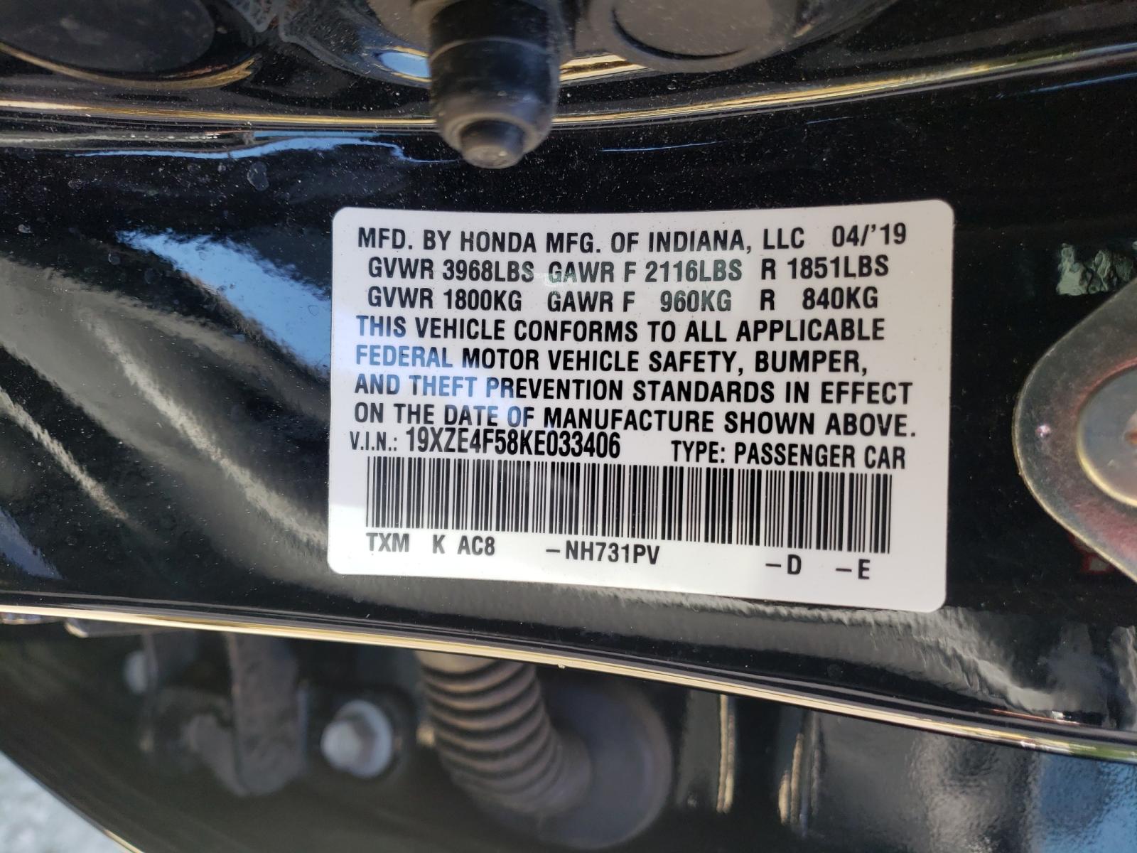 Photo 10 from auction – 2019 HONDA INSIGHT EX with VIN 19XZE4F58KE033406