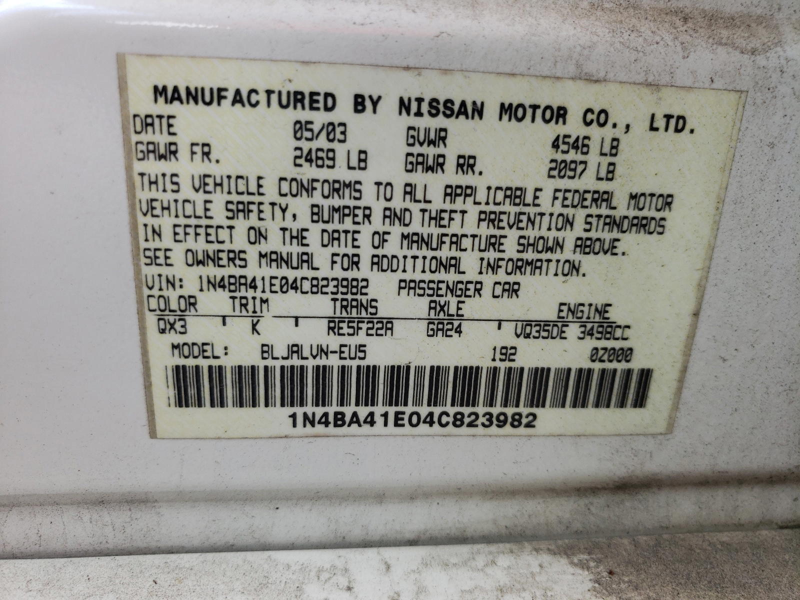 Photo 10 from auction – 2004 NISSAN MAXIMA SE with VIN 1N4BA41E04C823982