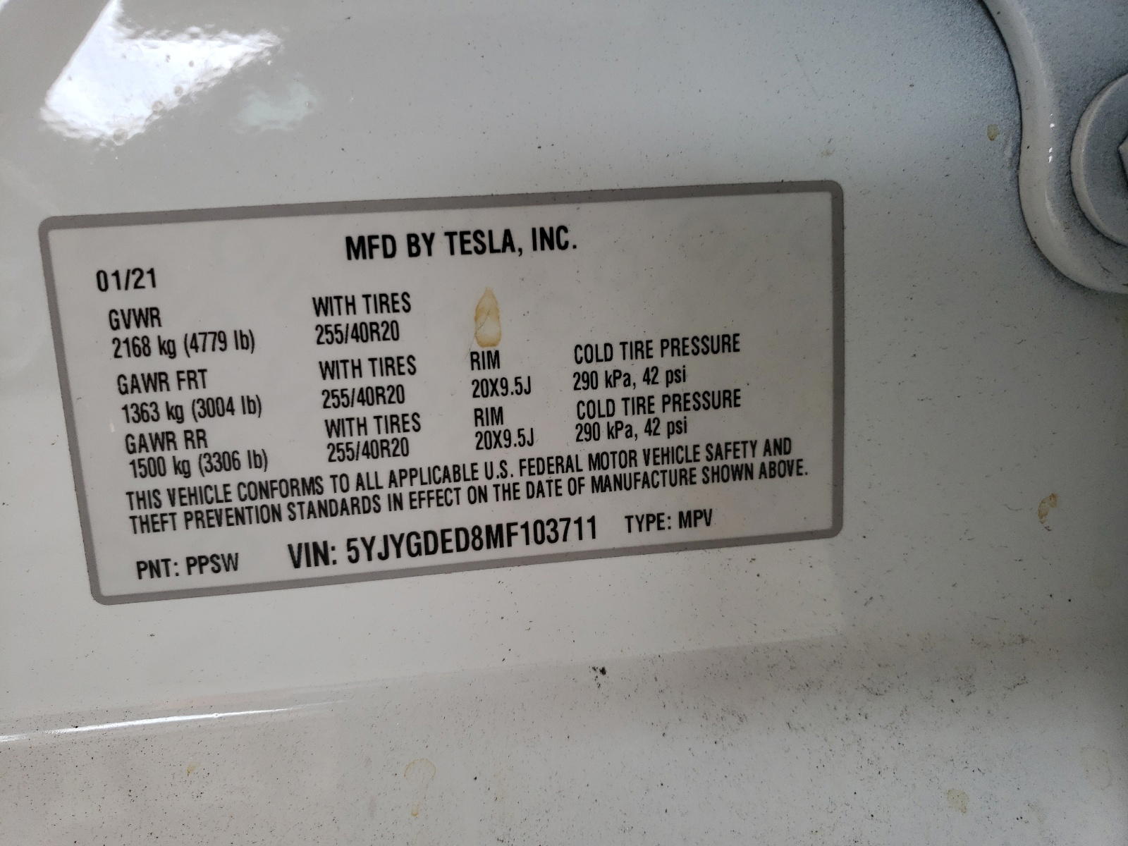 Photo 10 from auction – 2021 TESLA MODEL Y with VIN 5YJYGDED8MF103711