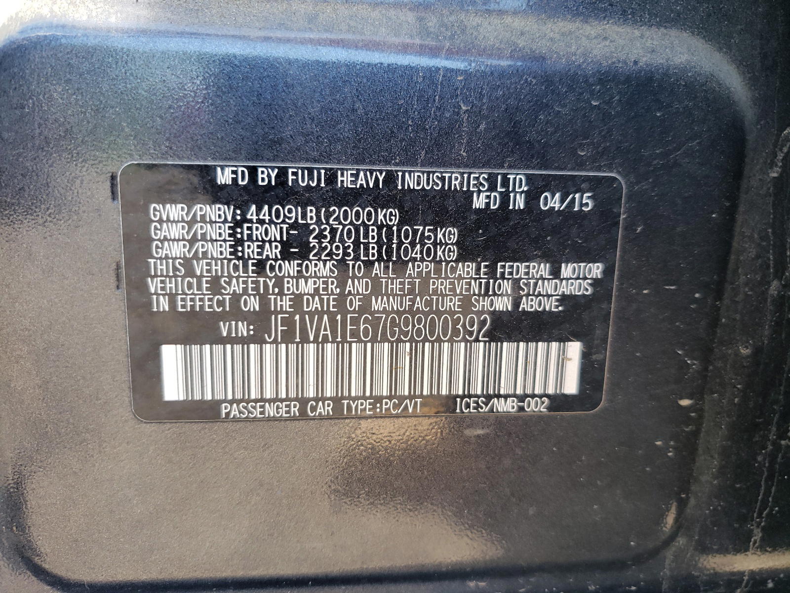 Photo 10 from auction – 2016 SUBARU WRX PREMIU with VIN JF1VA1E67G9800392