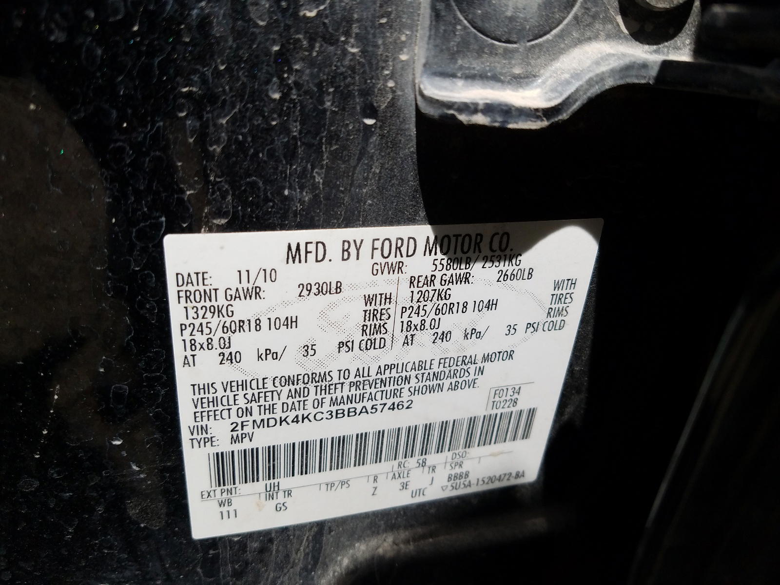 Photo 10 from auction – 2011 FORD EDGE LIMIT with VIN 2FMDK4KC3BBA57462