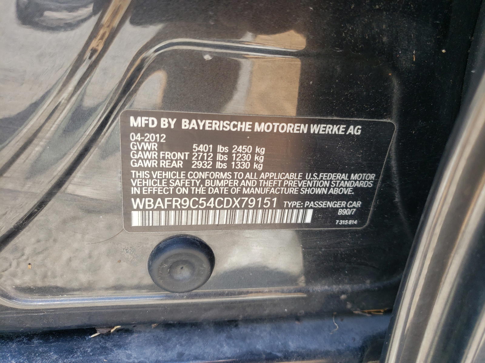 Photo 10 from auction – 2012 BMW 550 I with VIN WBAFR9C54CDX79151
