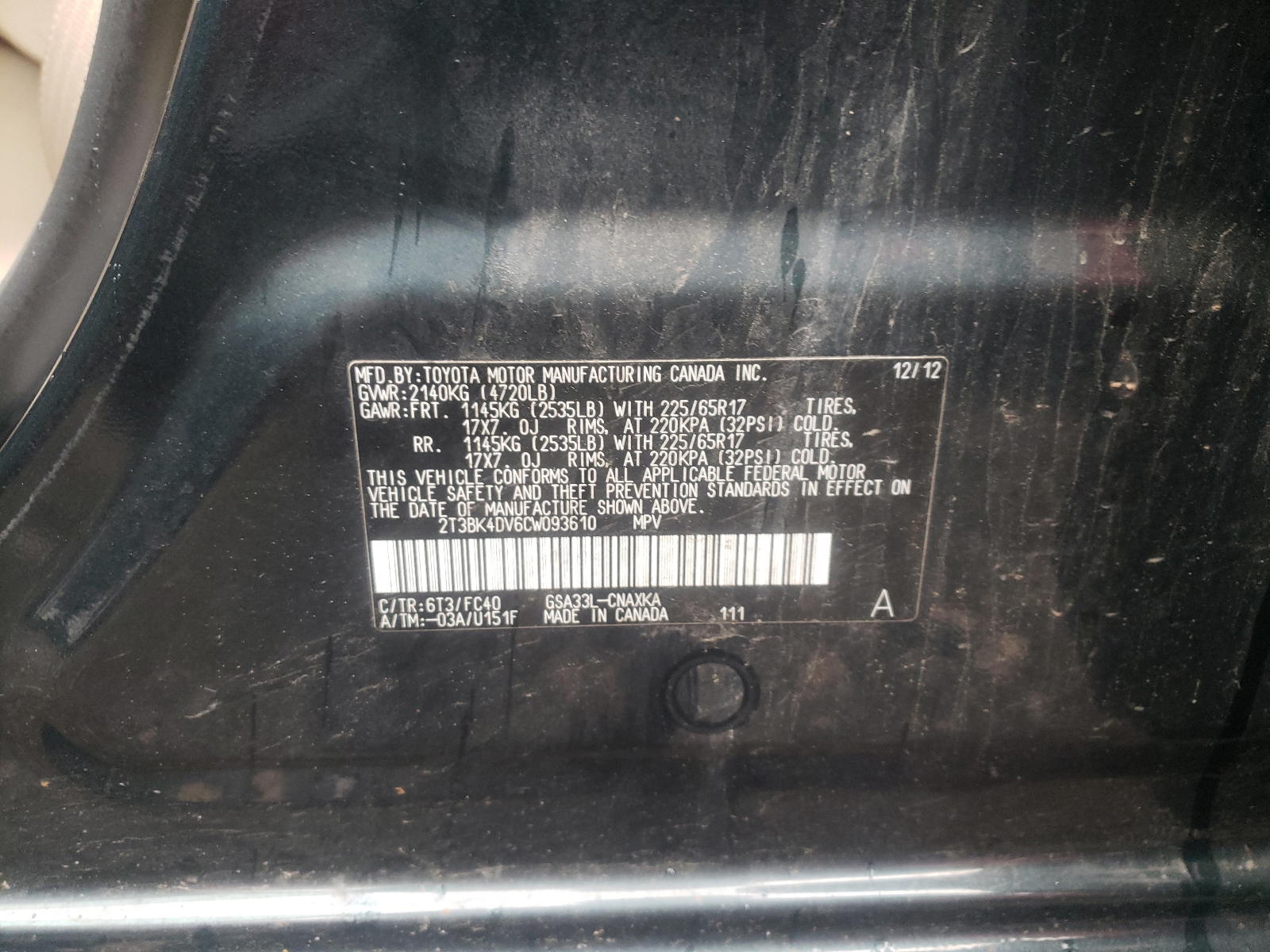 Photo 10 from auction – 2012 TOYOTA RAV4 with VIN 2T3BK4DV6CW093610