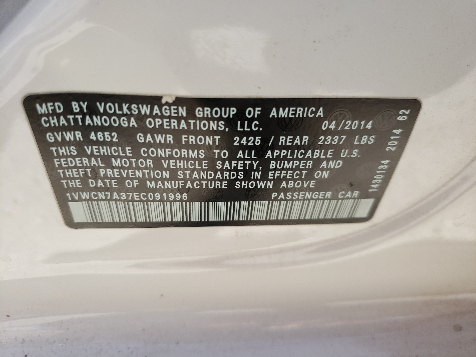 Photo 10 from auction – 2014 VOLKSWAGEN PASSAT SEL with VIN 1VWCN7A37EC091996