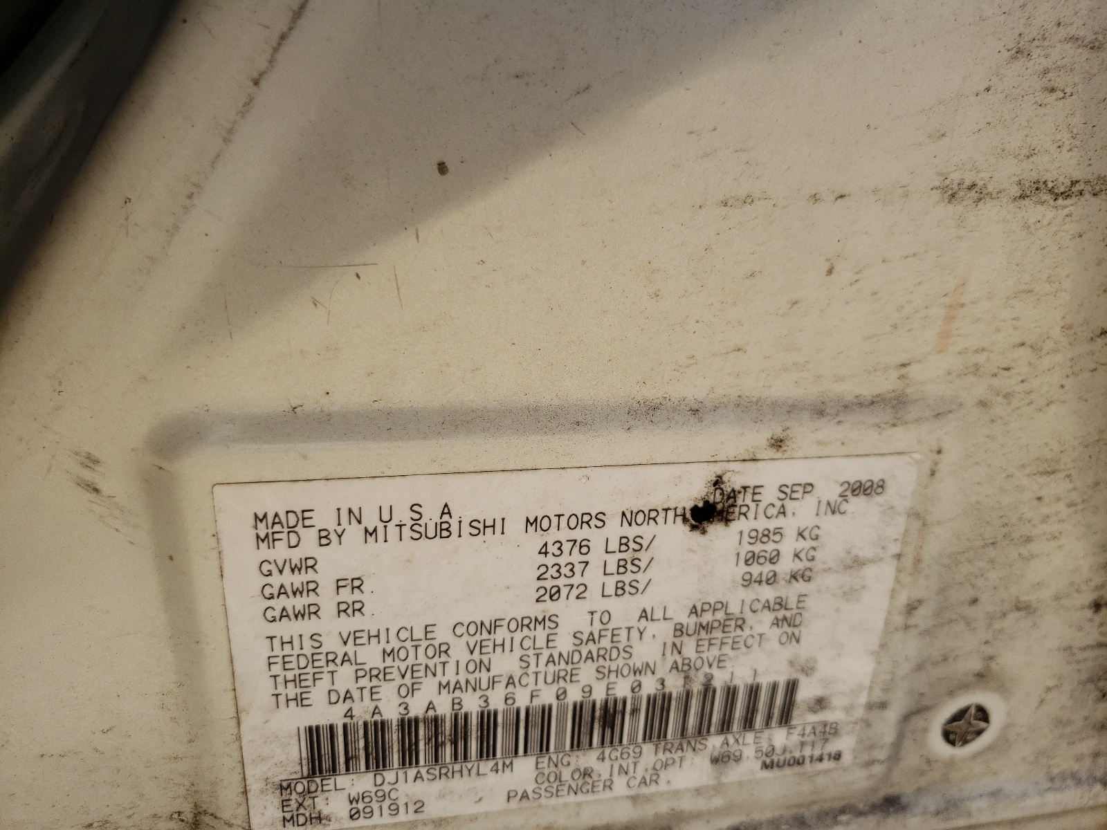 Photo 10 from auction – 2009 MITSUBISHI GALANT ES with VIN 4A3AB36F09E031211