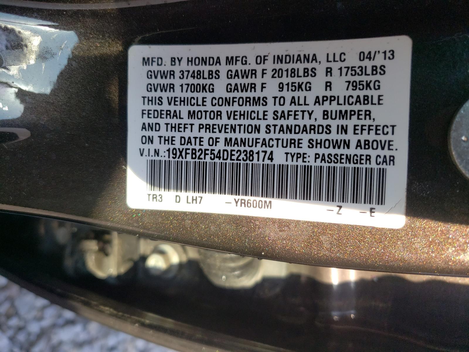 Photo 10 from auction – 2013 HONDA CIVIC LX with VIN 19XFB2F54DE238174