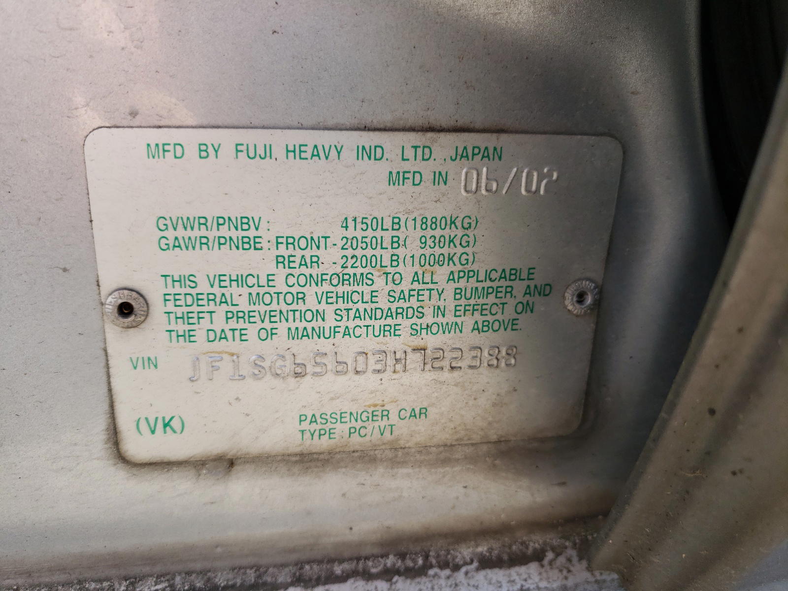 Photo 10 from auction – 2003 SUBARU FORESTER 2 with VIN JF1SG65603H722388