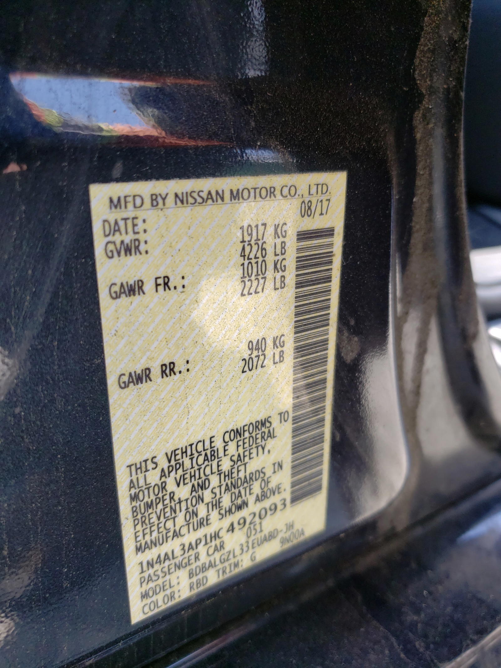 Photo 10 from auction – 2017 NISSAN ALTIMA 2.5 with VIN 1N4AL3AP1HC492093