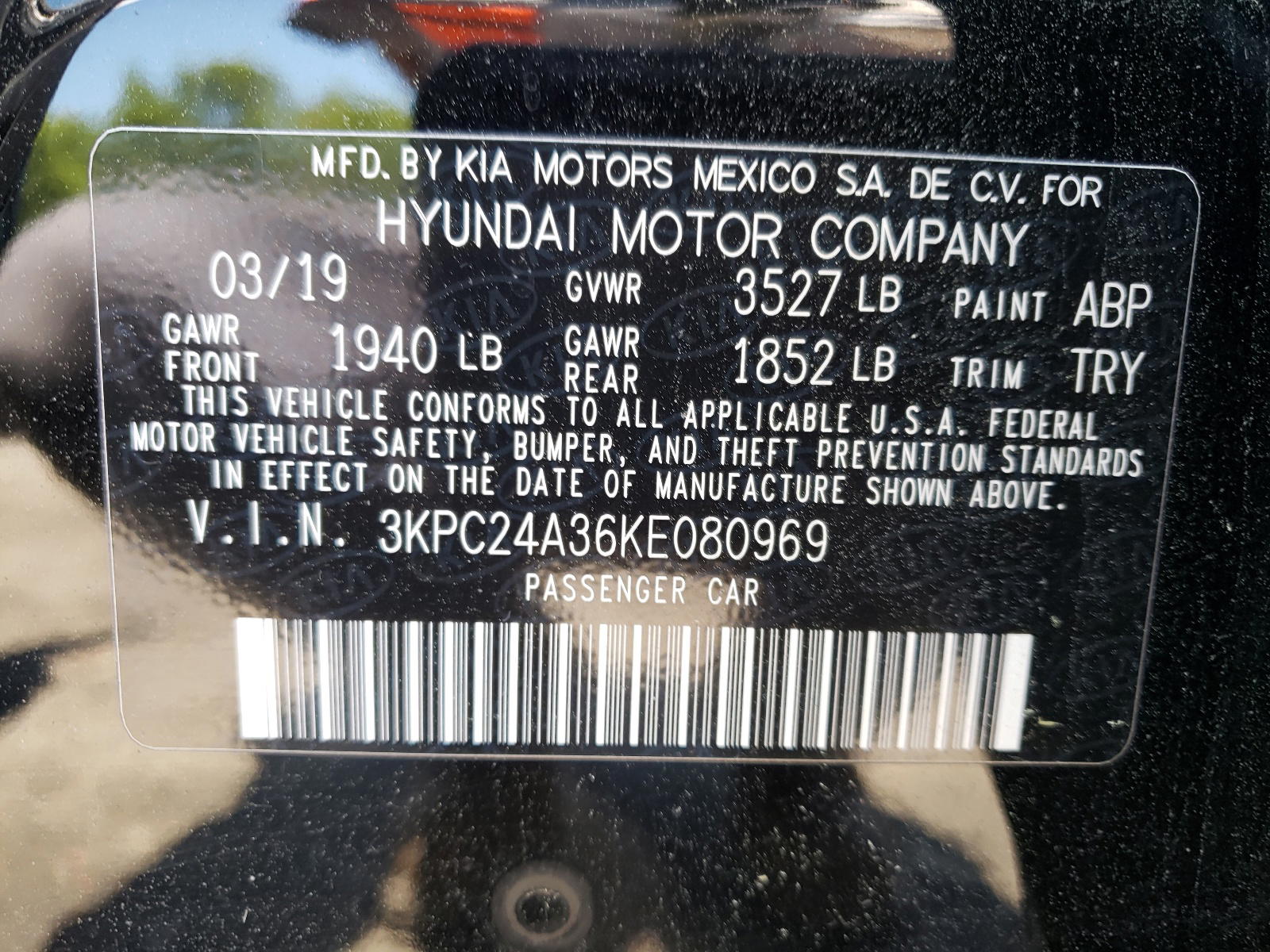 Photo 10 from auction – 2019 HYUNDAI ACCENT SE with VIN 3KPC24A36KE080969