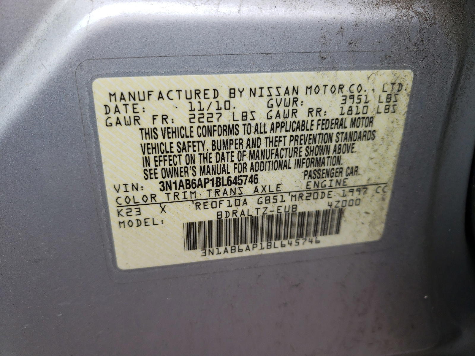 Photo 10 from auction – 2011 NISSAN SENTRA 2.0 with VIN 3N1AB6AP1BL645746