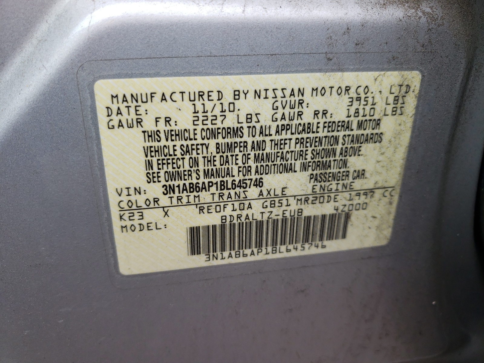 Zdjęcie 10 z aukcji – 2011 NISSAN SENTRA 2.0 z VIN 3N1AB6AP1BL645746