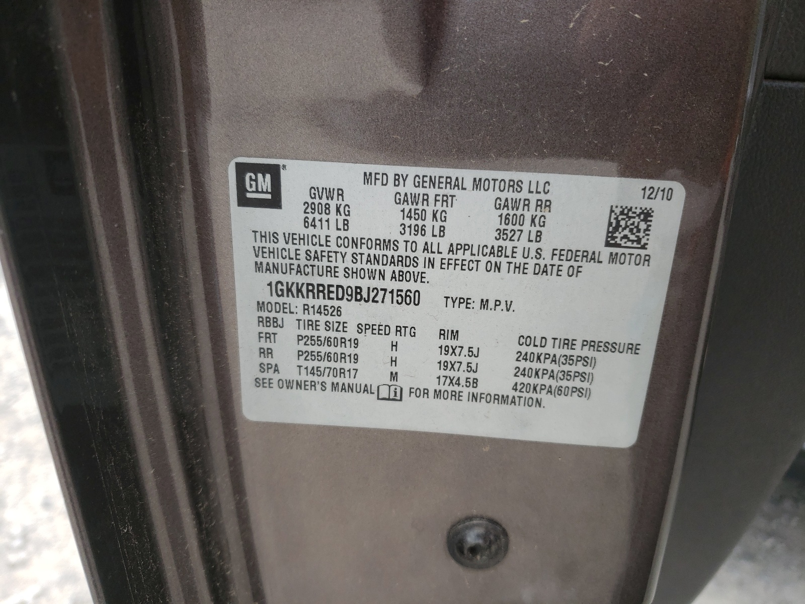 Photo 10 from auction – 2011 GMC ACADIA SLT with VIN 1GKKRRED9BJ271560