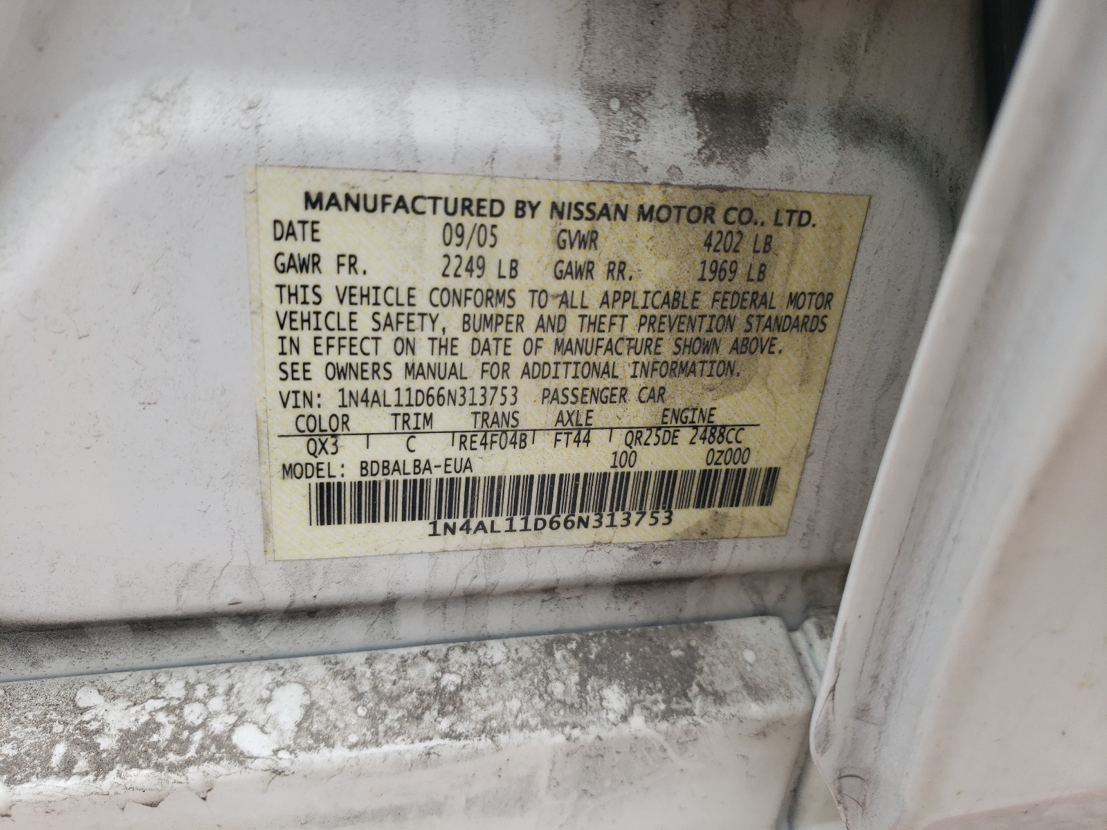 Photo 10 from auction – 2006 NISSAN ALTIMA with VIN 1N4AL11D66N313753