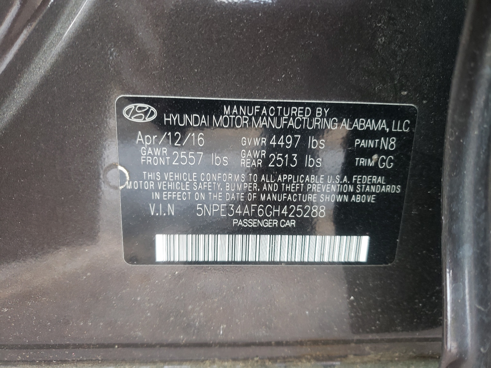 Photo 10 from auction – 2016 HYUNDAI SONATA SPO with VIN 5NPE34AF6GH425288