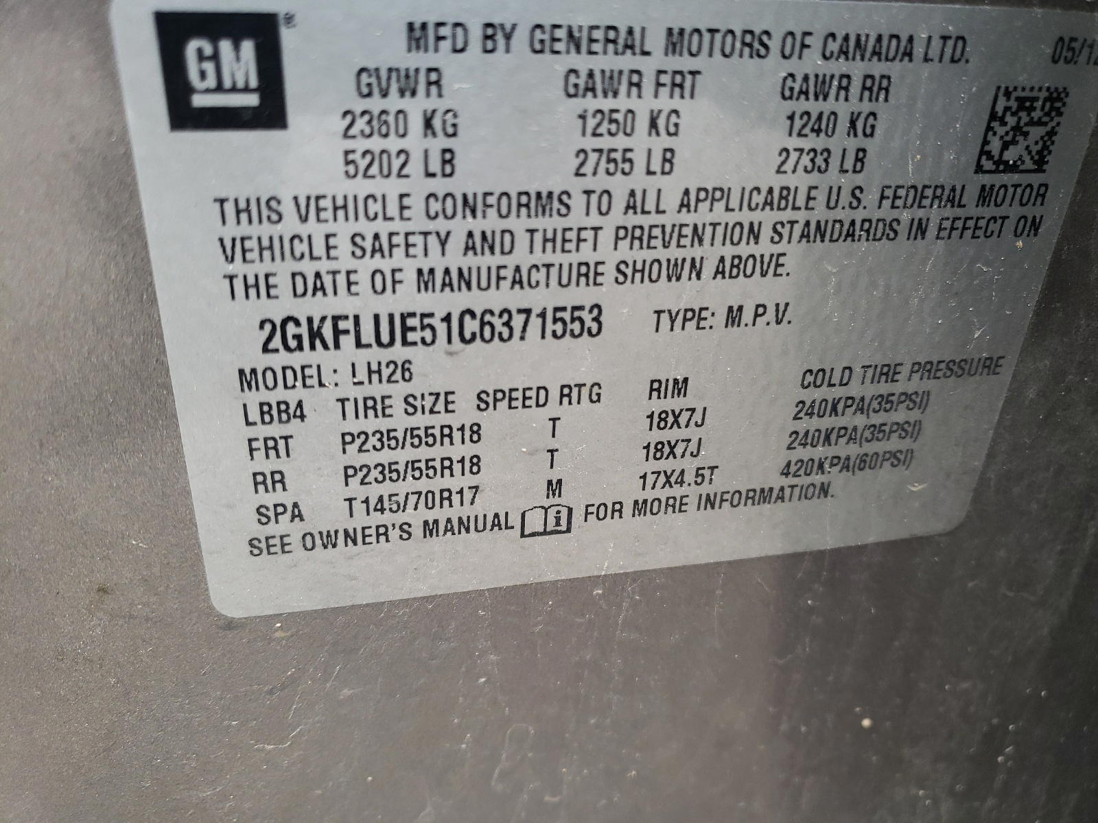 Photo 10 from auction – 2012 GMC TERRAIN SL with VIN 2GKFLUE51C6371553