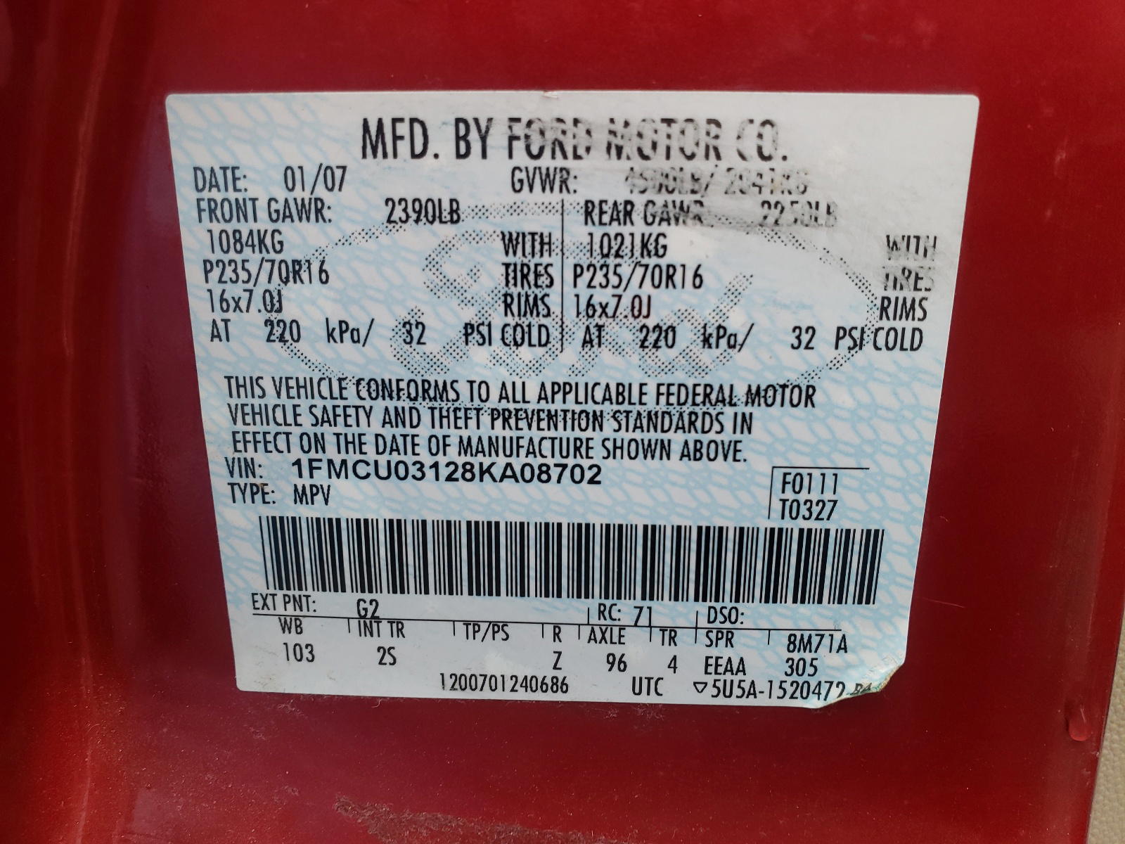 Photo 10 from auction – 2008 FORD ESCAPE XLT with VIN 1FMCU03128KA08702