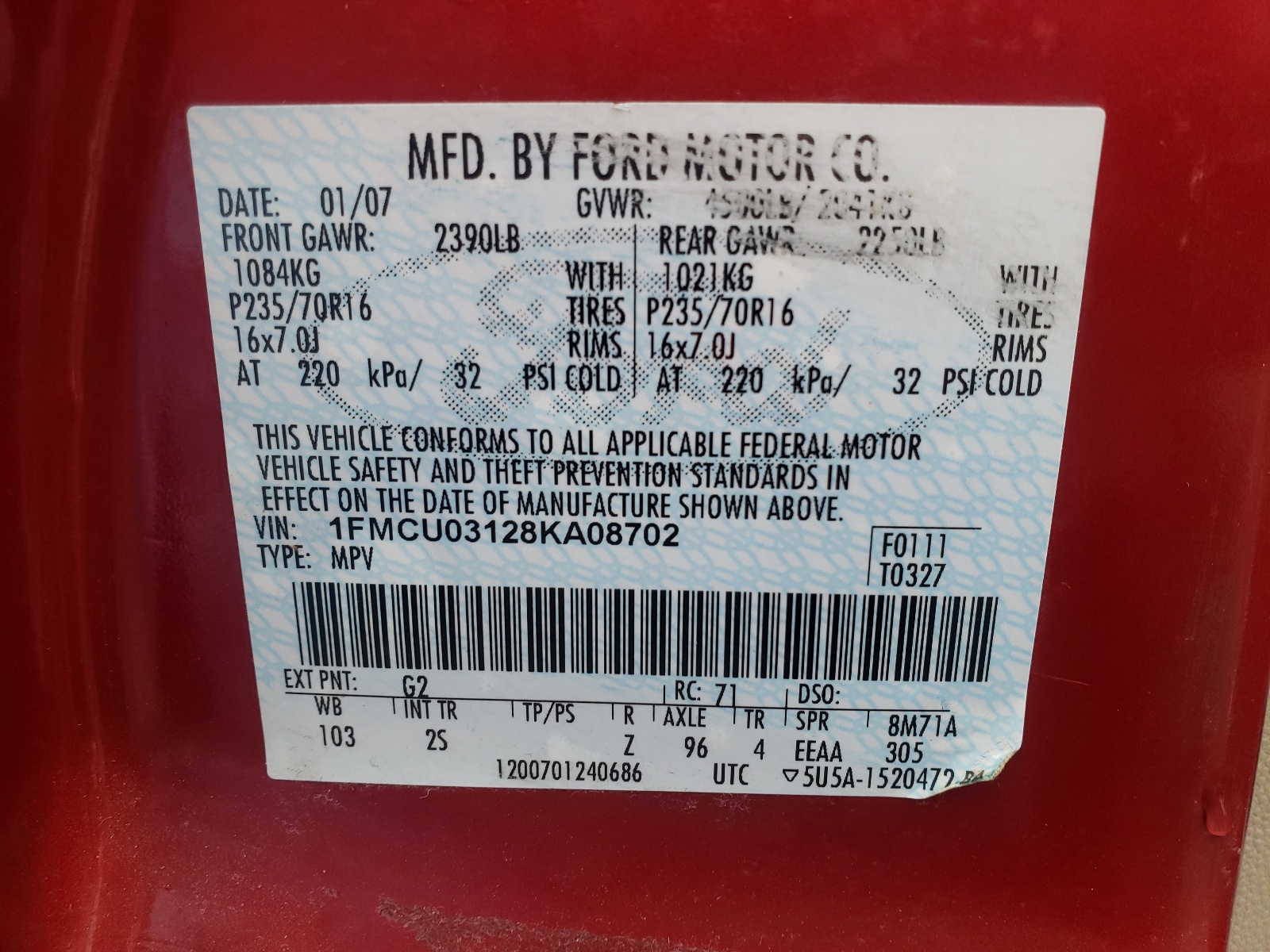 Zdjęcie 10 z aukcji – 2008 FORD ESCAPE XLT z VIN 1FMCU03128KA08702