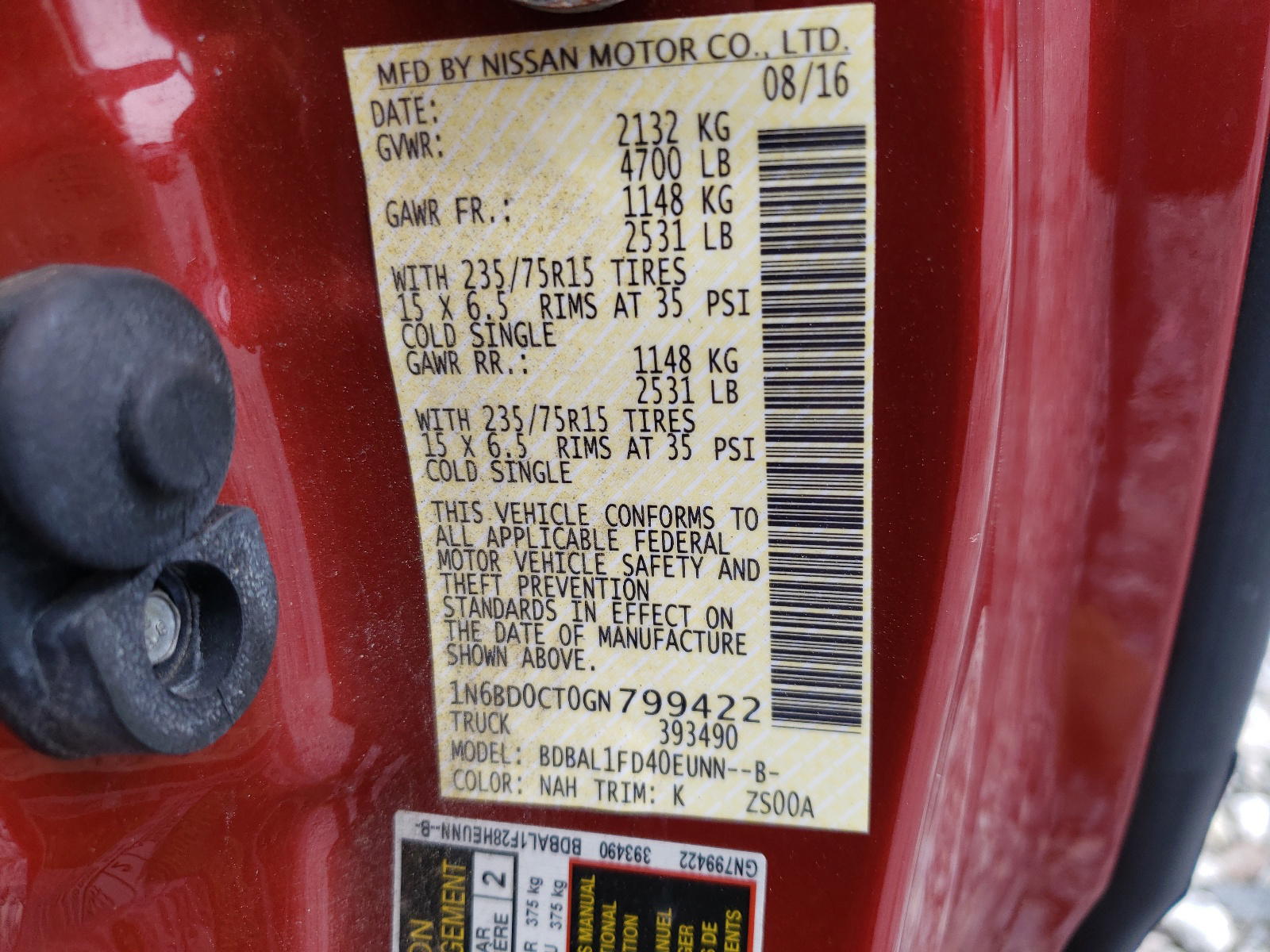 Photo 10 from auction – 2016 NISSAN FRONTIER S with VIN 1N6BD0CT0GN799422